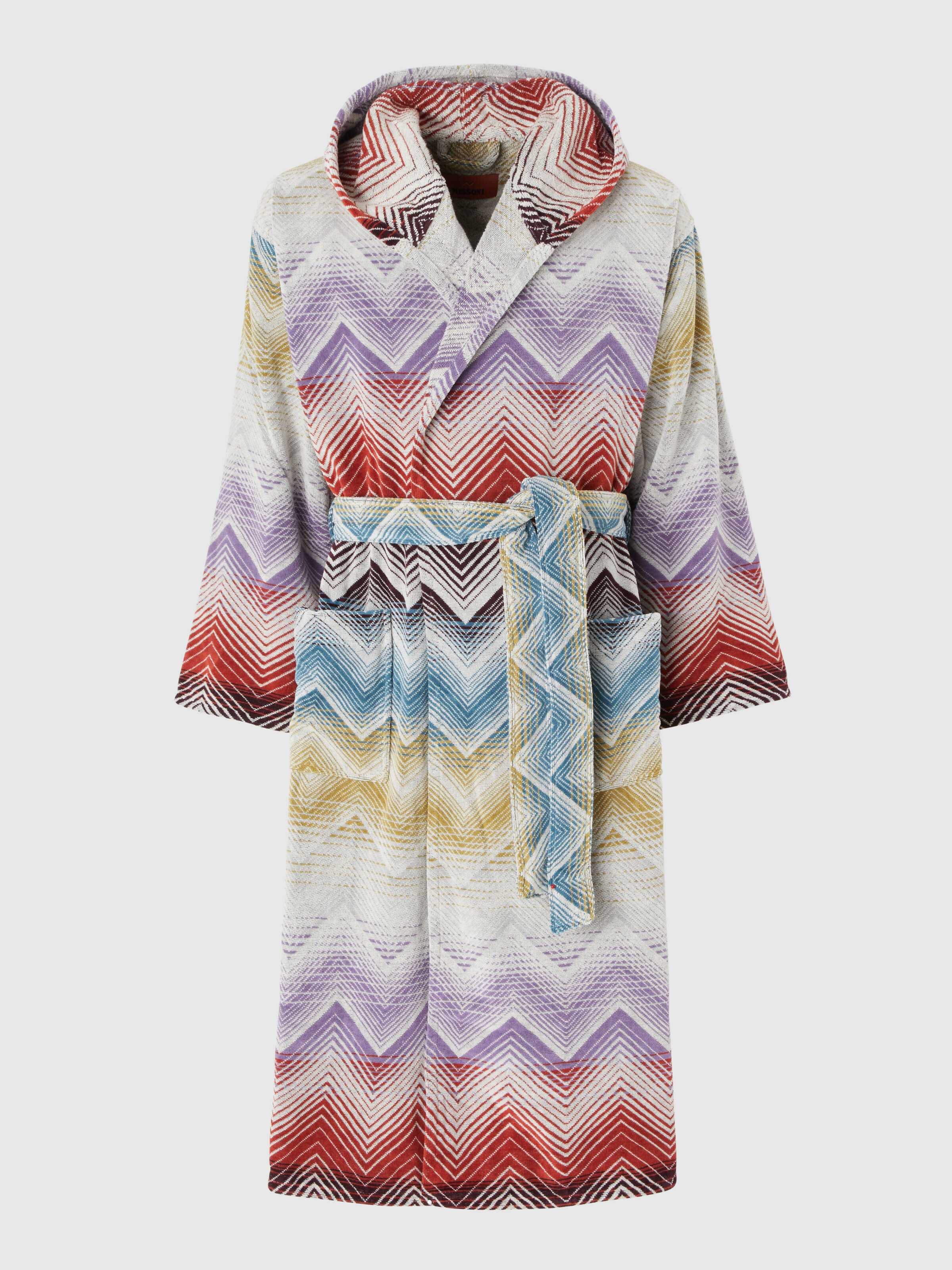 Marea Hooded Bathrobe in cotton terry with chevron pattern, Multicoloured  - 0
