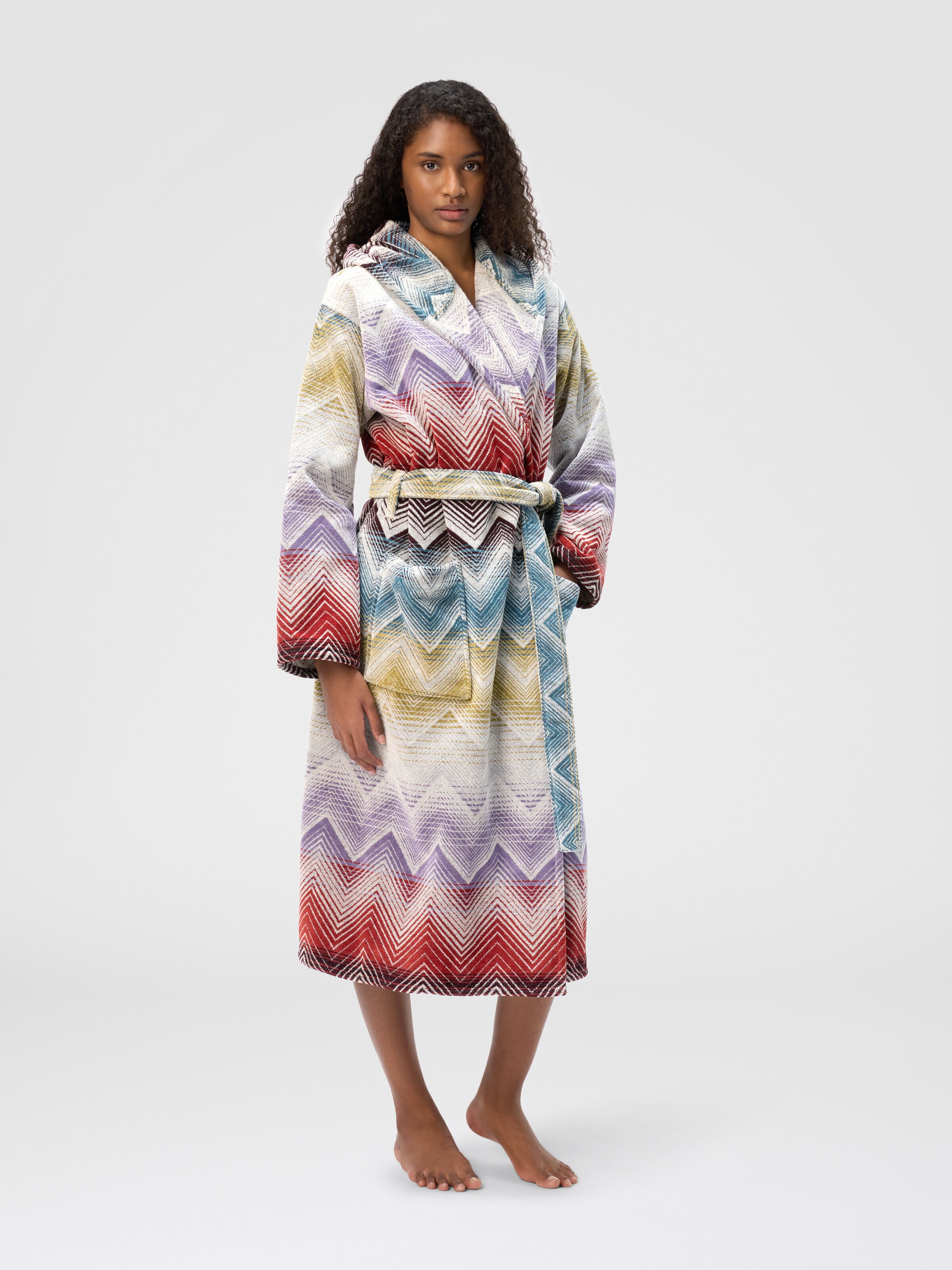 Marea Hooded Bathrobe in cotton terry with chevron pattern, Multicoloured  - 1