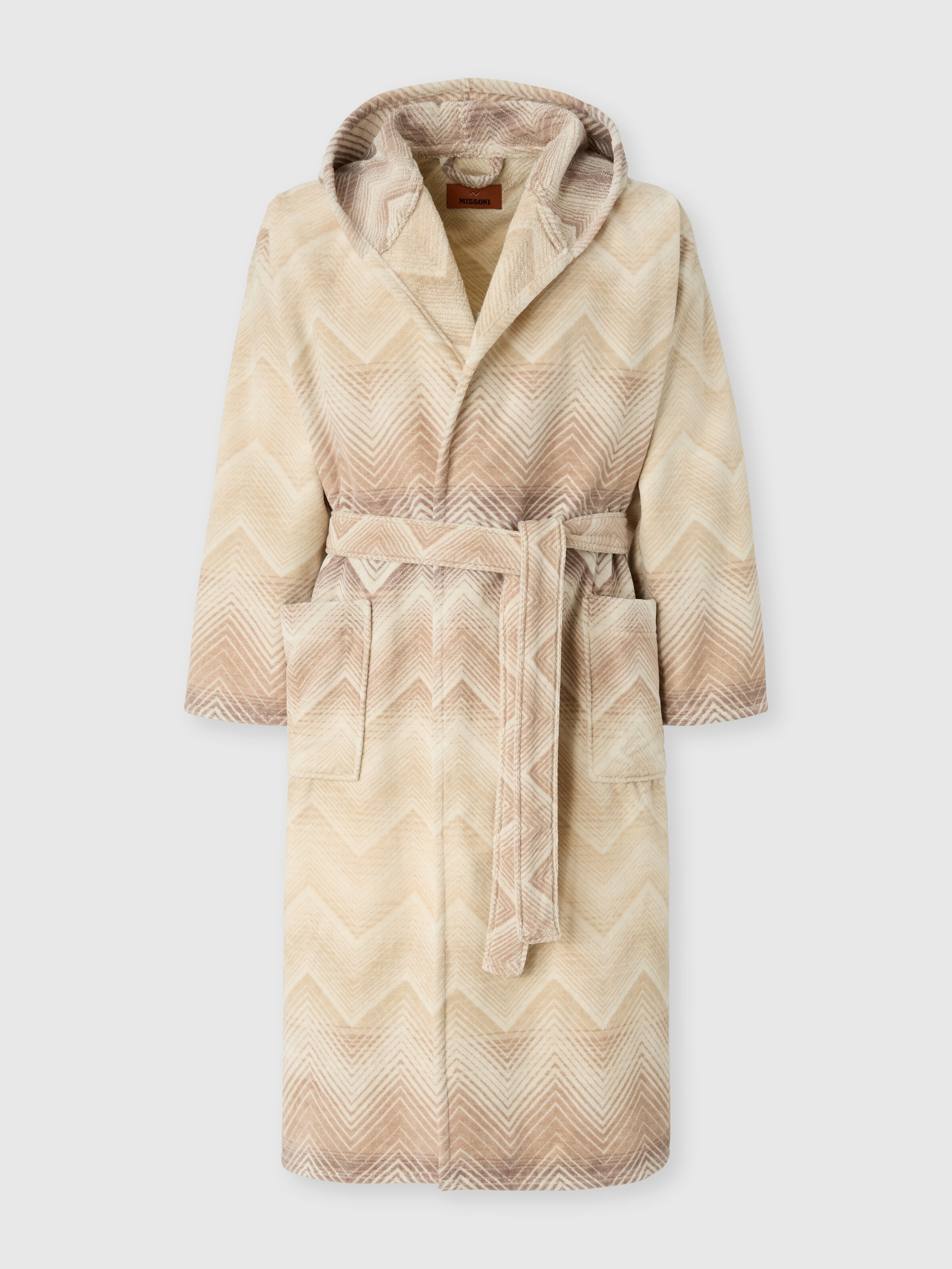 Marea Hooded Bathrobe in cotton terry with chevron pattern Beige