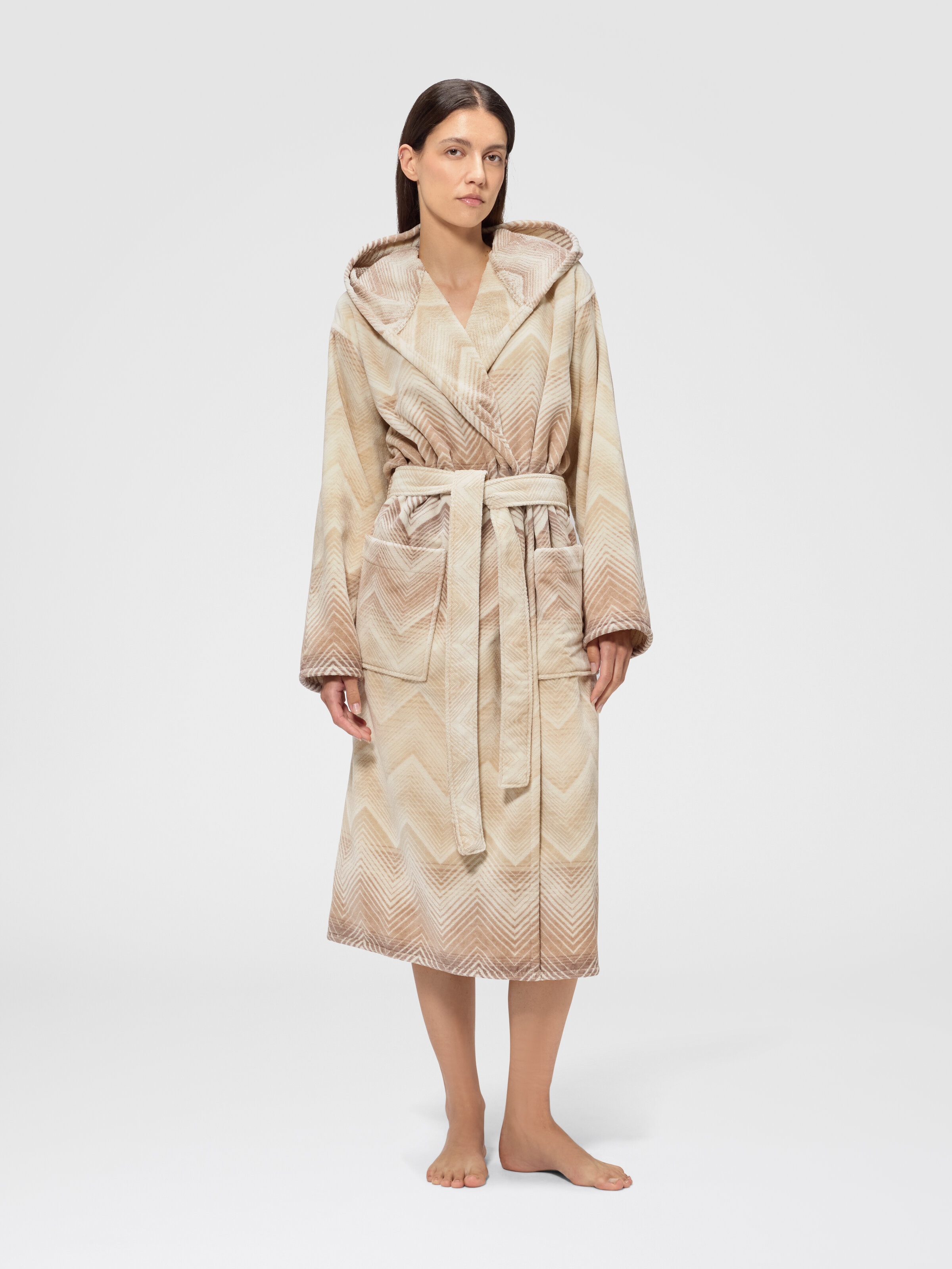 Marea Hooded Bathrobe in cotton terry with chevron pattern Beige
