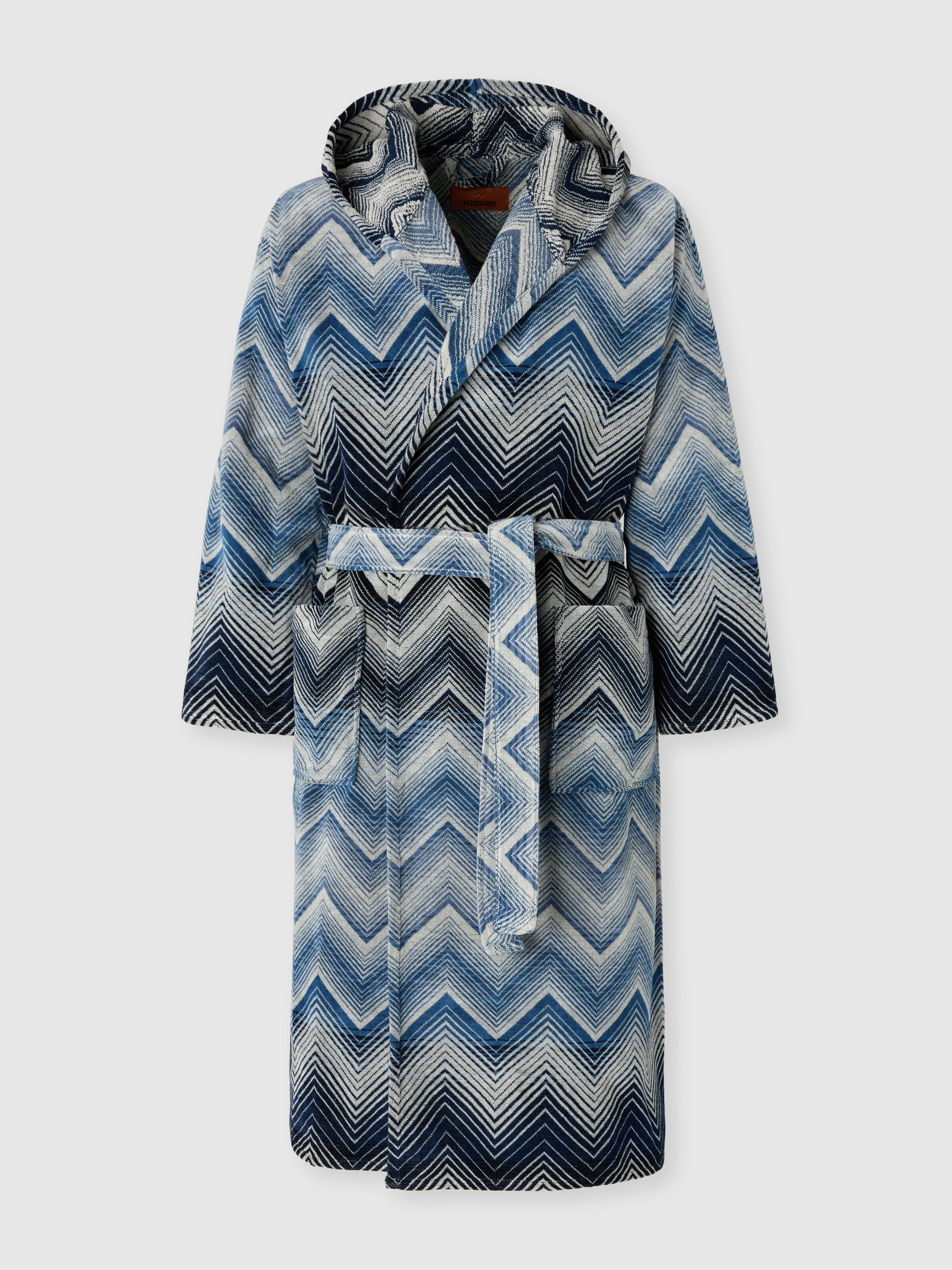 Marea Hooded Bathrobe in cotton terry with chevron pattern Blue&