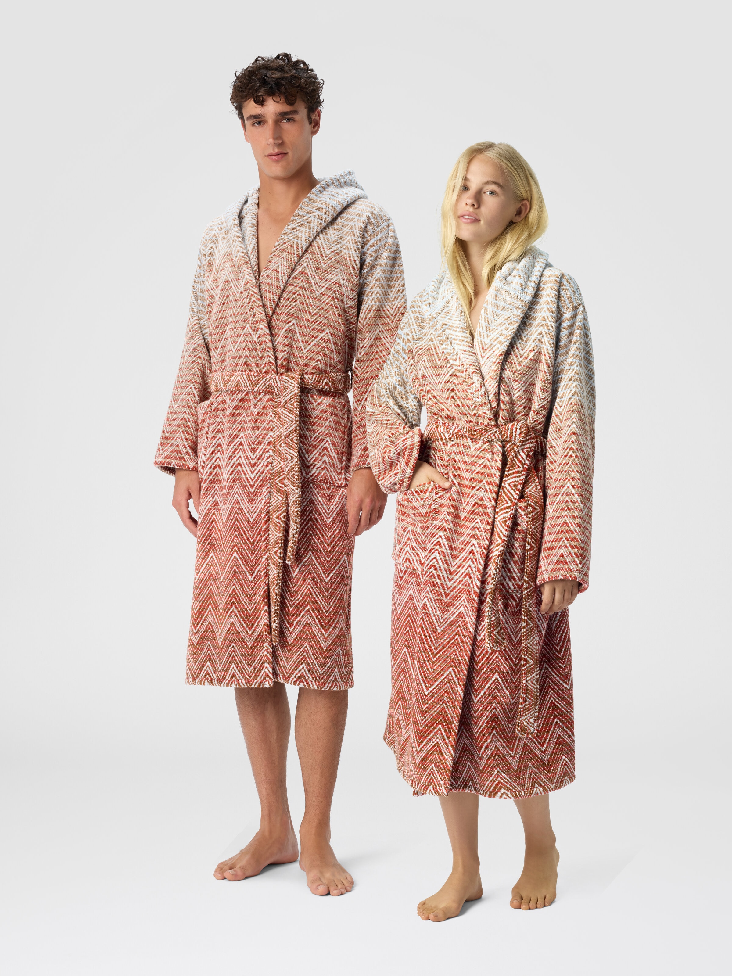 Stone Hooded Bathrobe in cotton terry with zebra pattern, Red & Multicoloured - 1