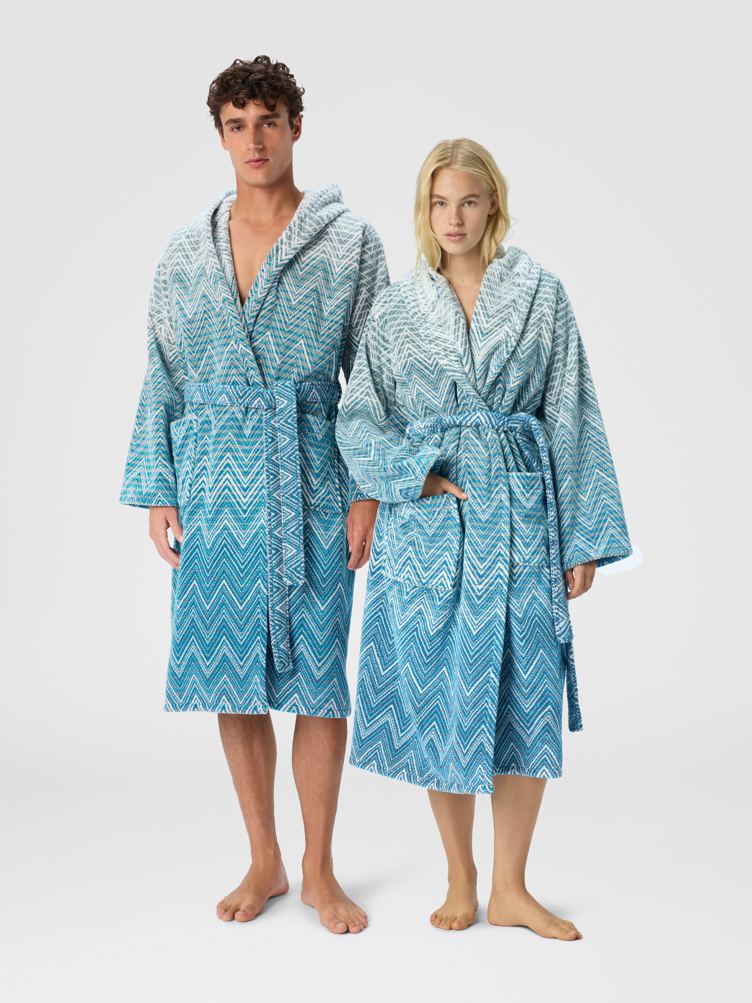 Stone Hooded Bathrobe in cotton terry with zebra pattern, Blue & Multicoloured  - 1