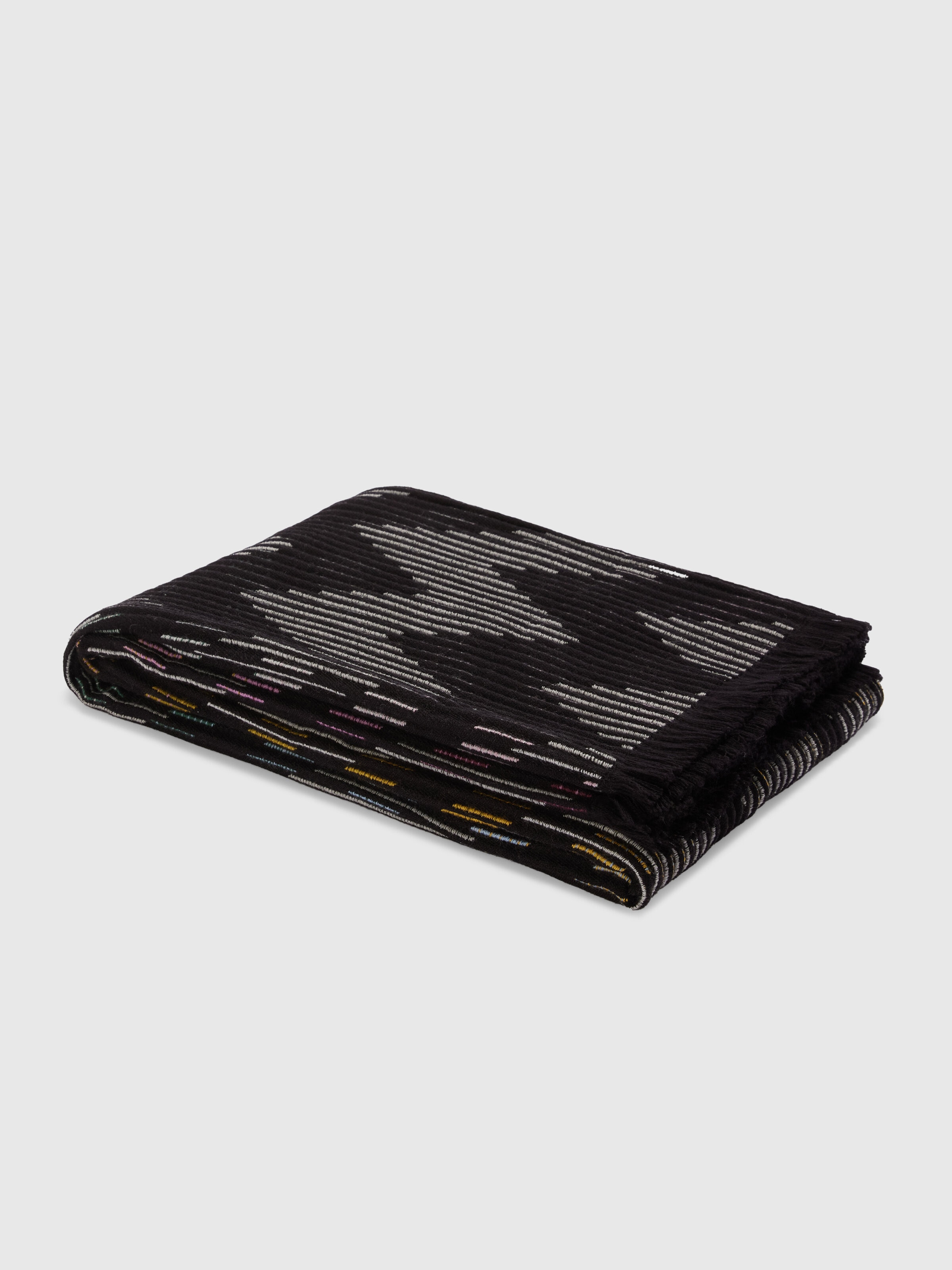 Dinamico Plaid in wool blend 135x190 cm with fringes and chevron pattern, Black Multicoloured  - 0
