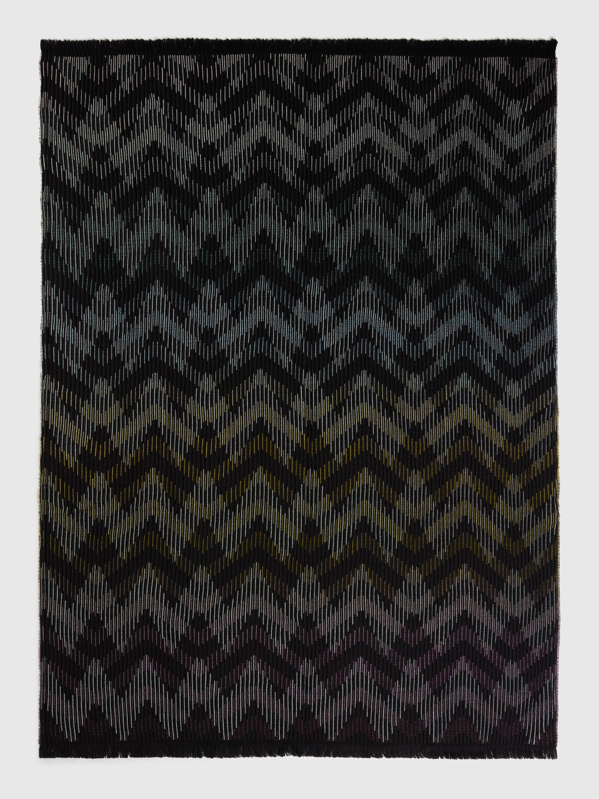 Dinamico Plaid in wool blend 135x190 cm with fringes and chevron pattern, Black Multicoloured  - 1