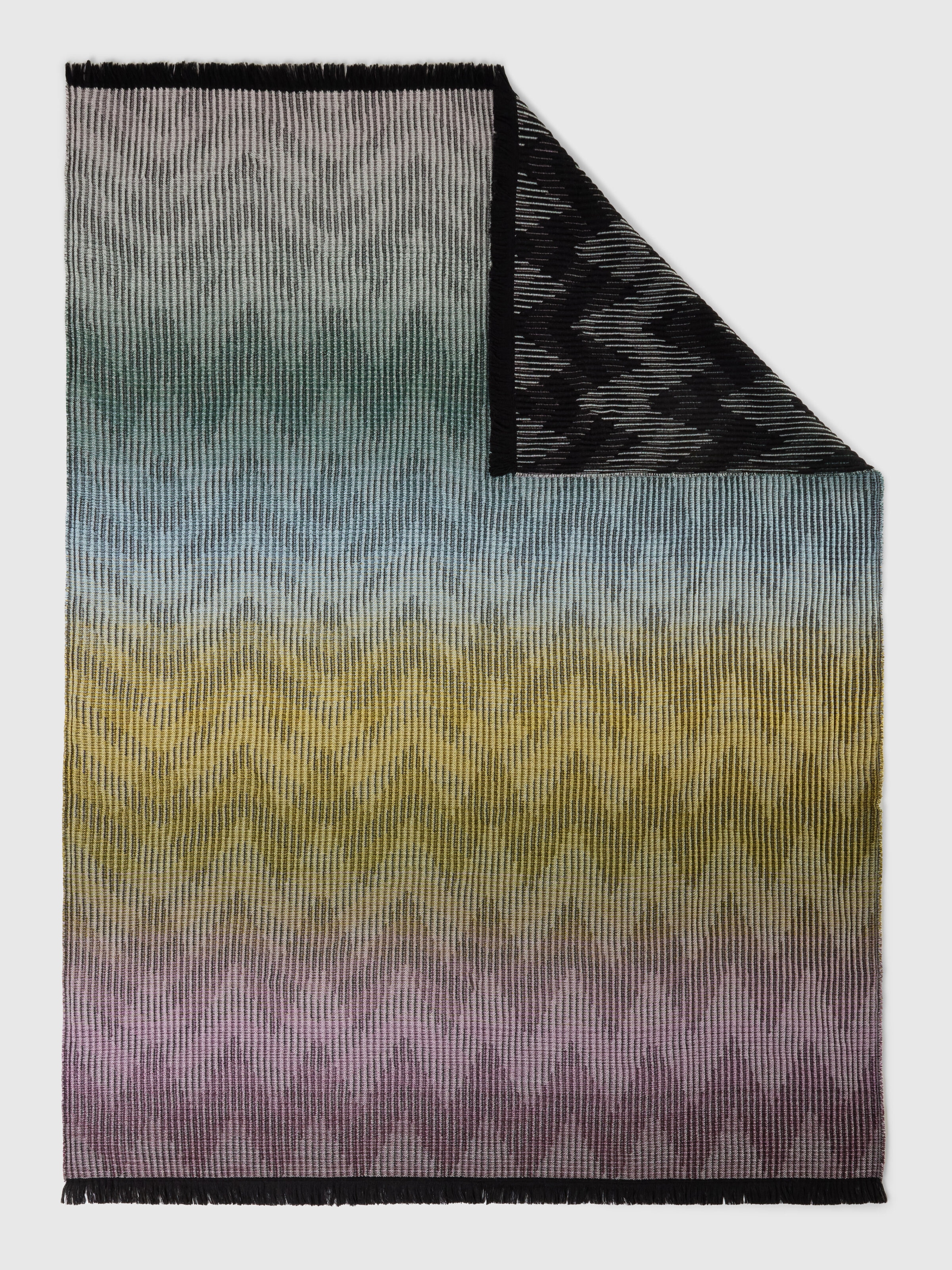 Dinamico Plaid in wool blend 135x190 cm with fringes and chevron pattern, Black Multicoloured  - 2