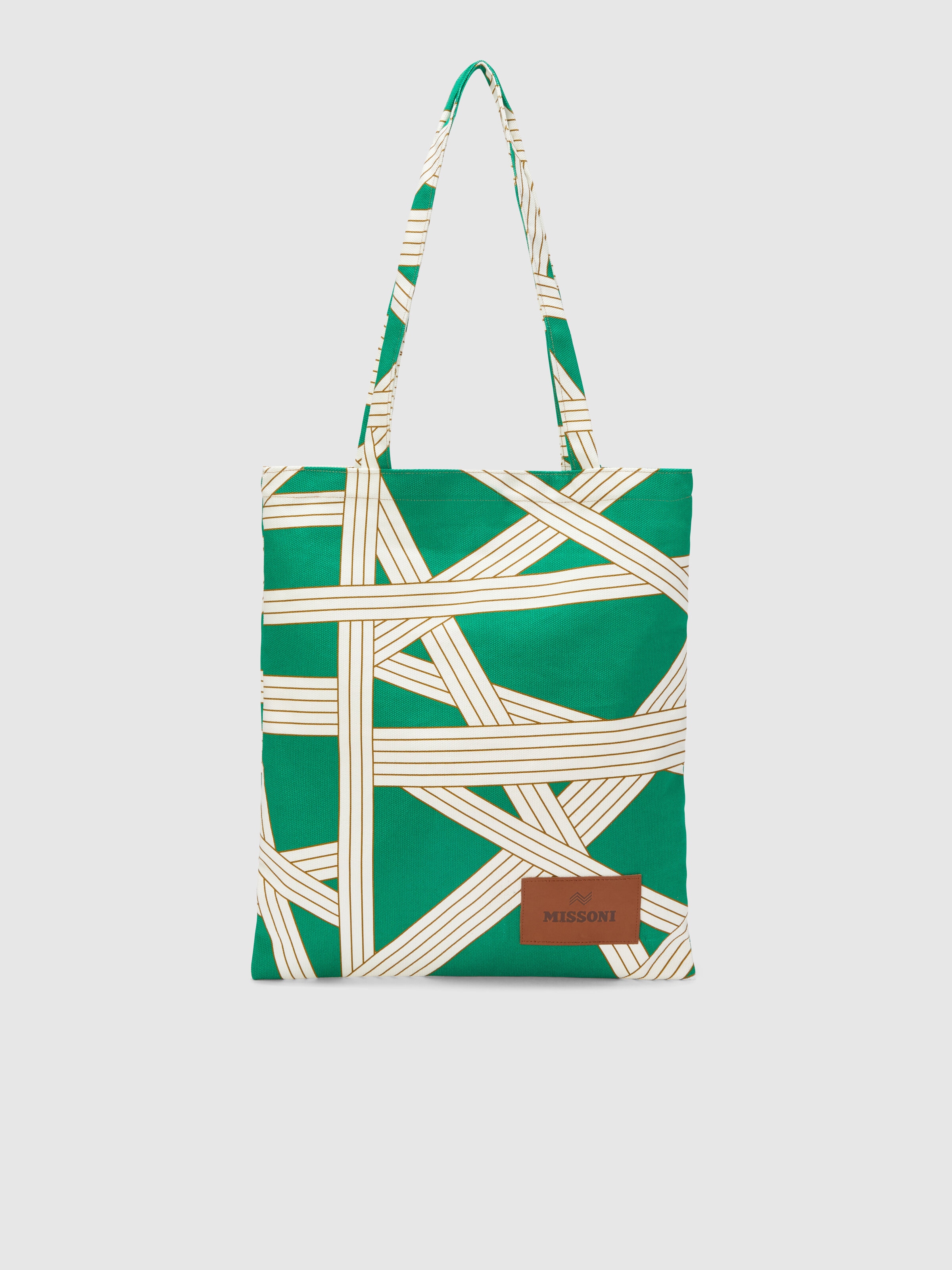 Borsa da casa Nastri 35x39 cm in 100% cotone con motivo nastri, Bianco & Verde - 0
