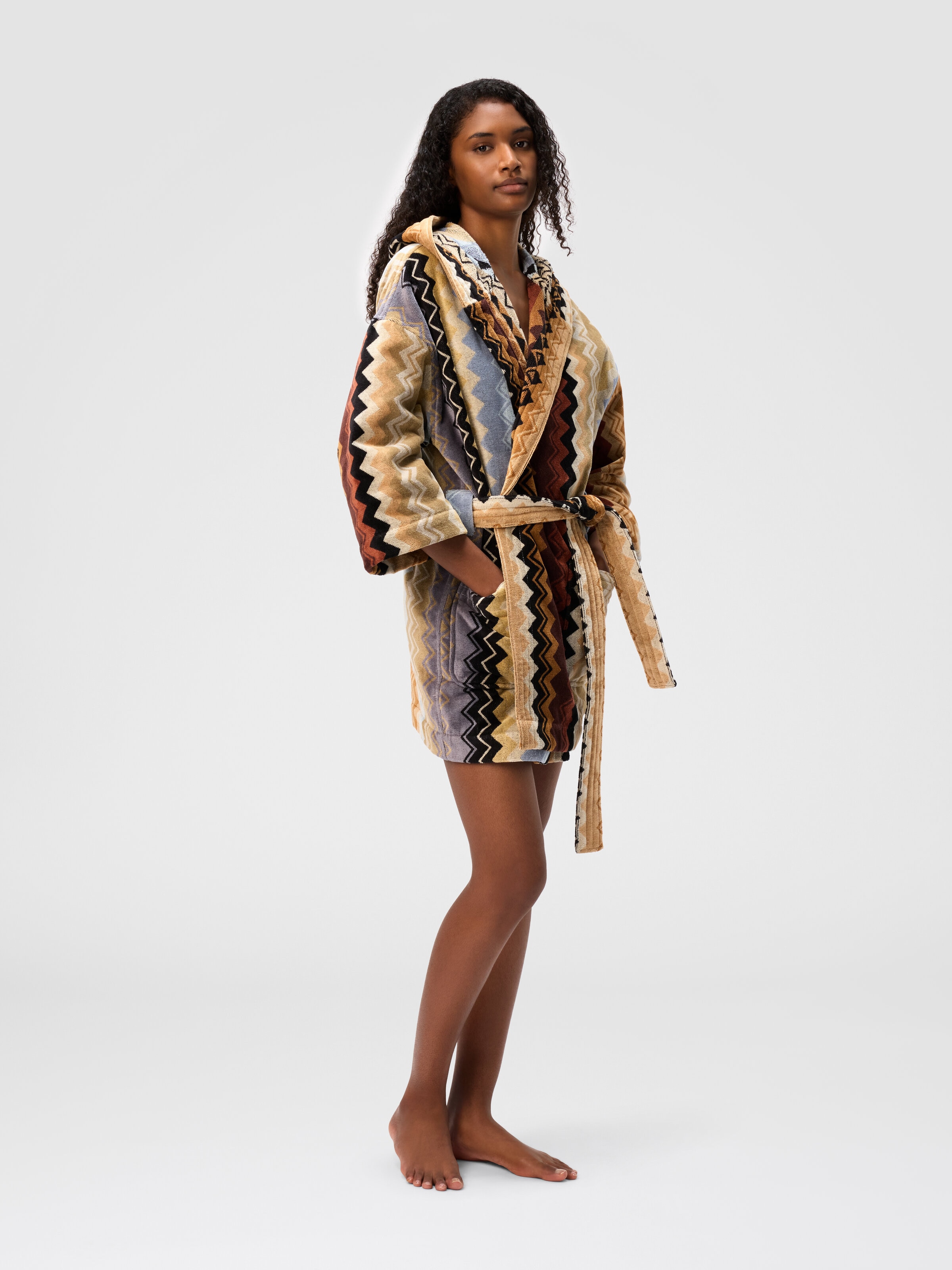 Giacomo bathrobe in cotton terry with zigzag pattern, Black Multicoloured - 1