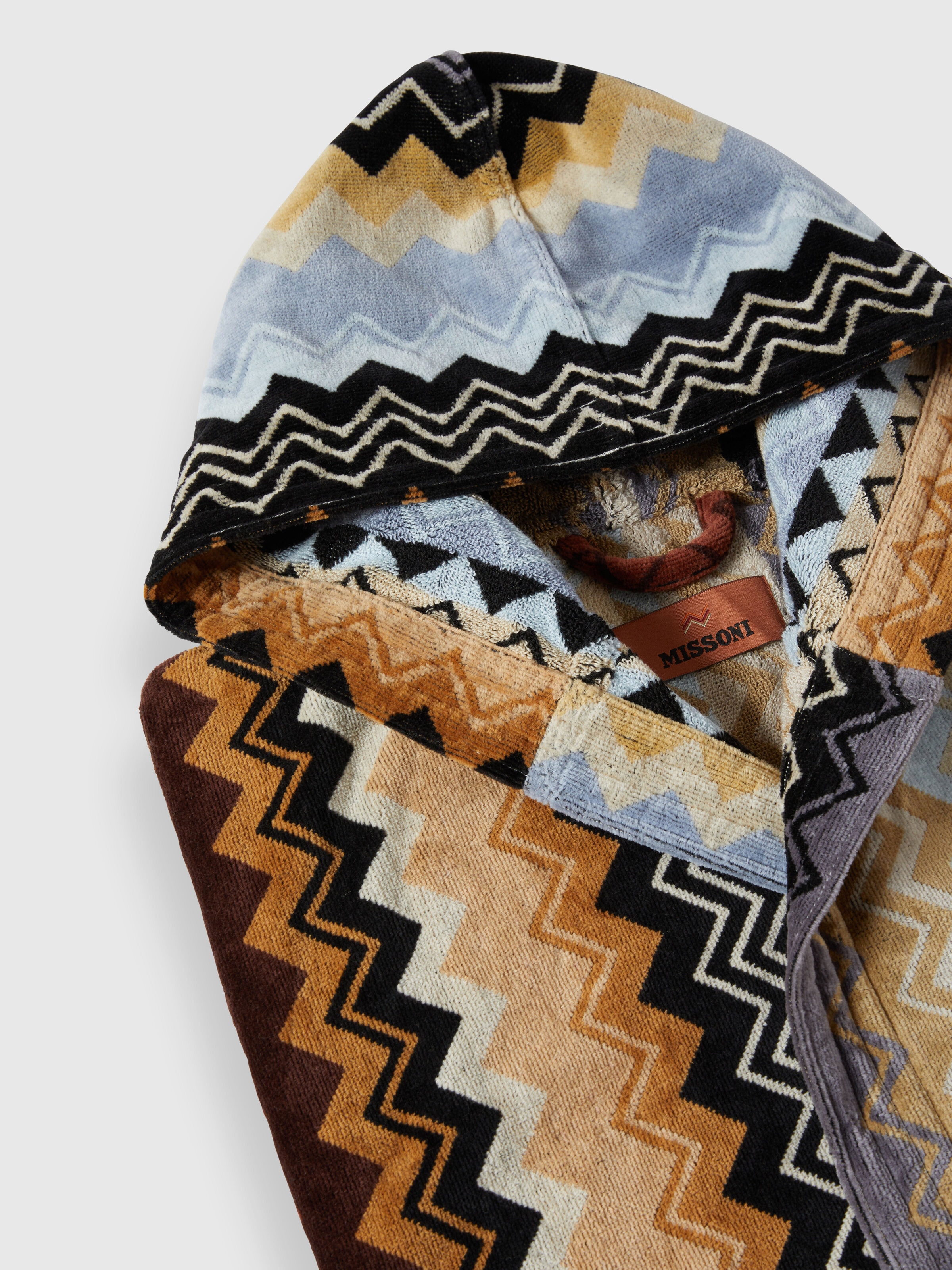 Giacomo bathrobe in cotton terry with zigzag pattern, Black Multicoloured - 2