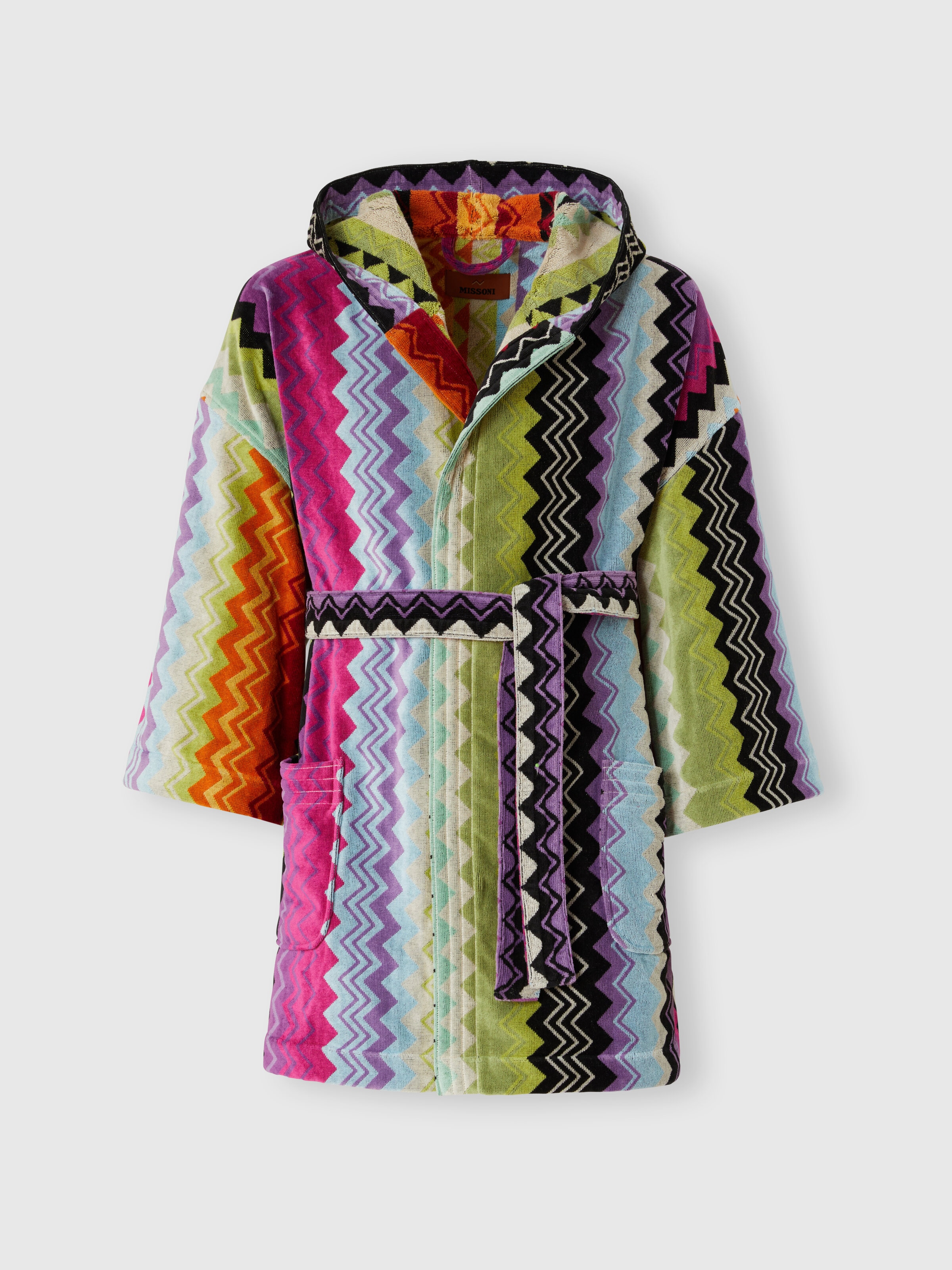 Giacomo bathrobe in cotton terry with zigzag pattern, Orange - 0