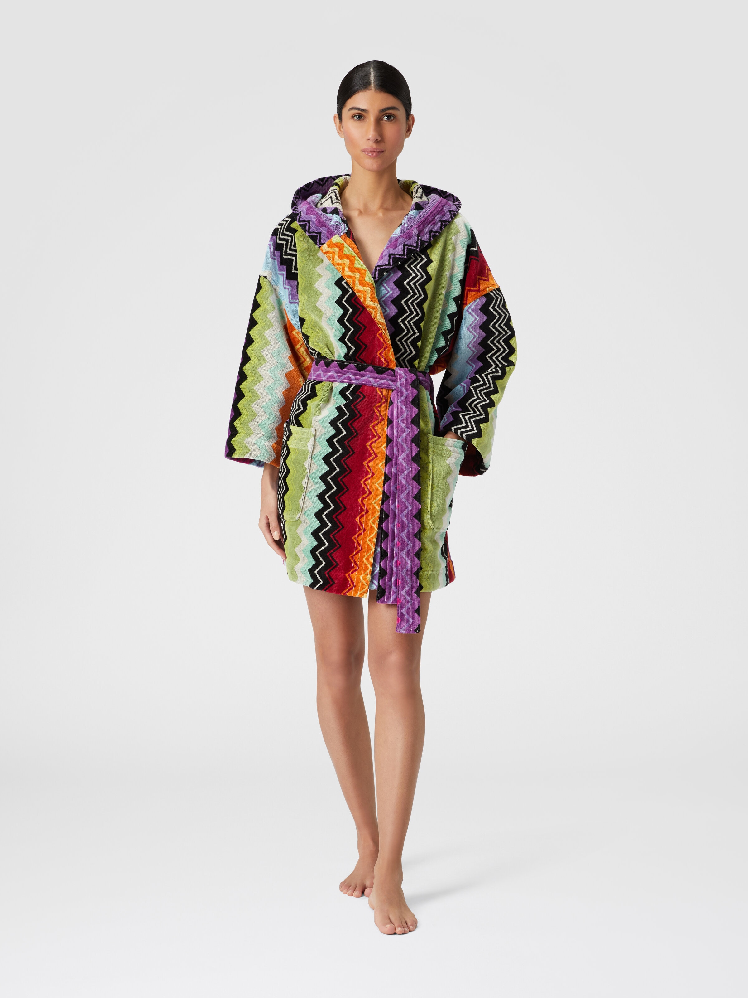 Giacomo bathrobe in cotton terry with zigzag pattern, Orange - 1