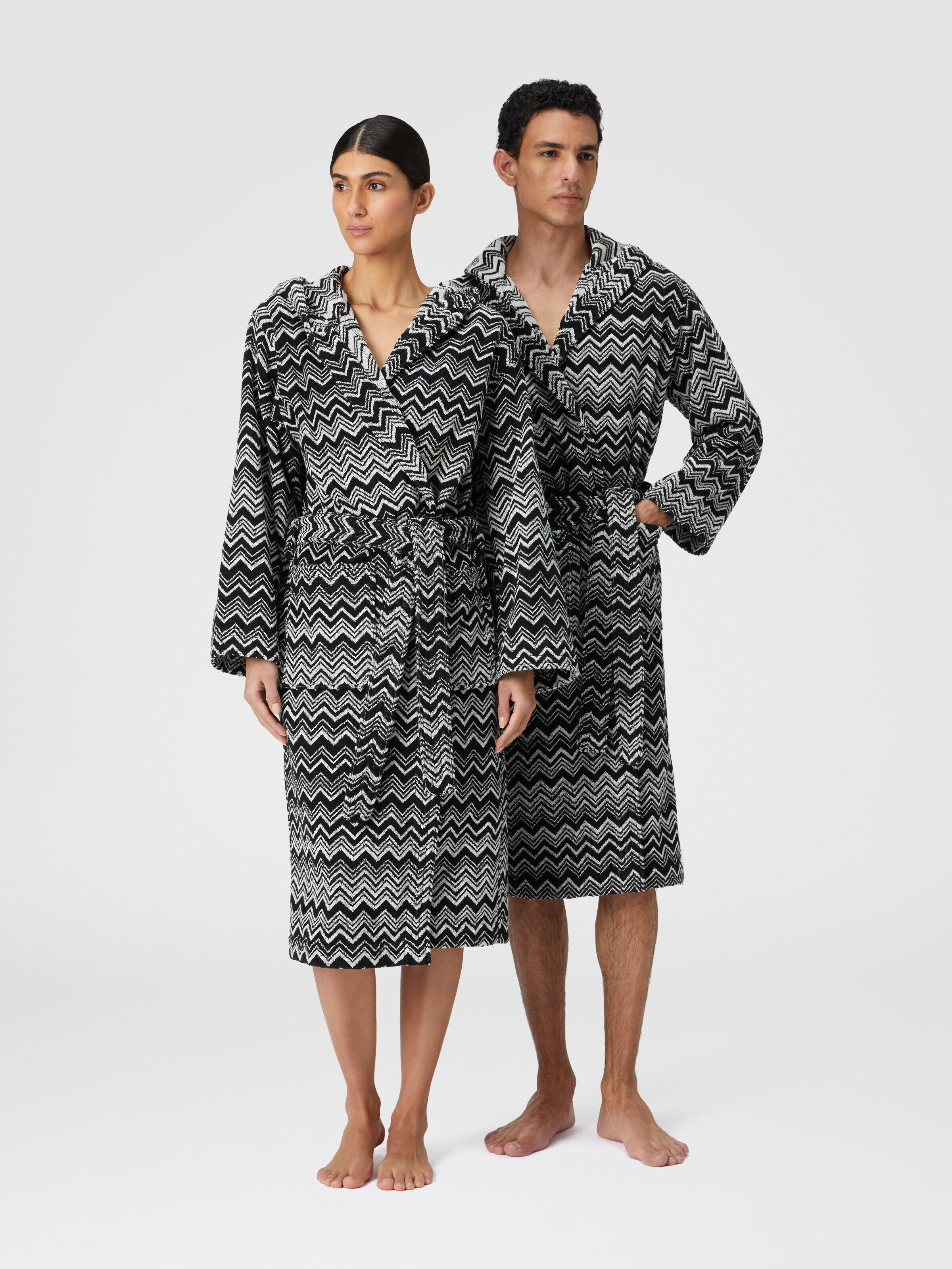 Keith chevron cotton terry bathrobe, Black & White - 1