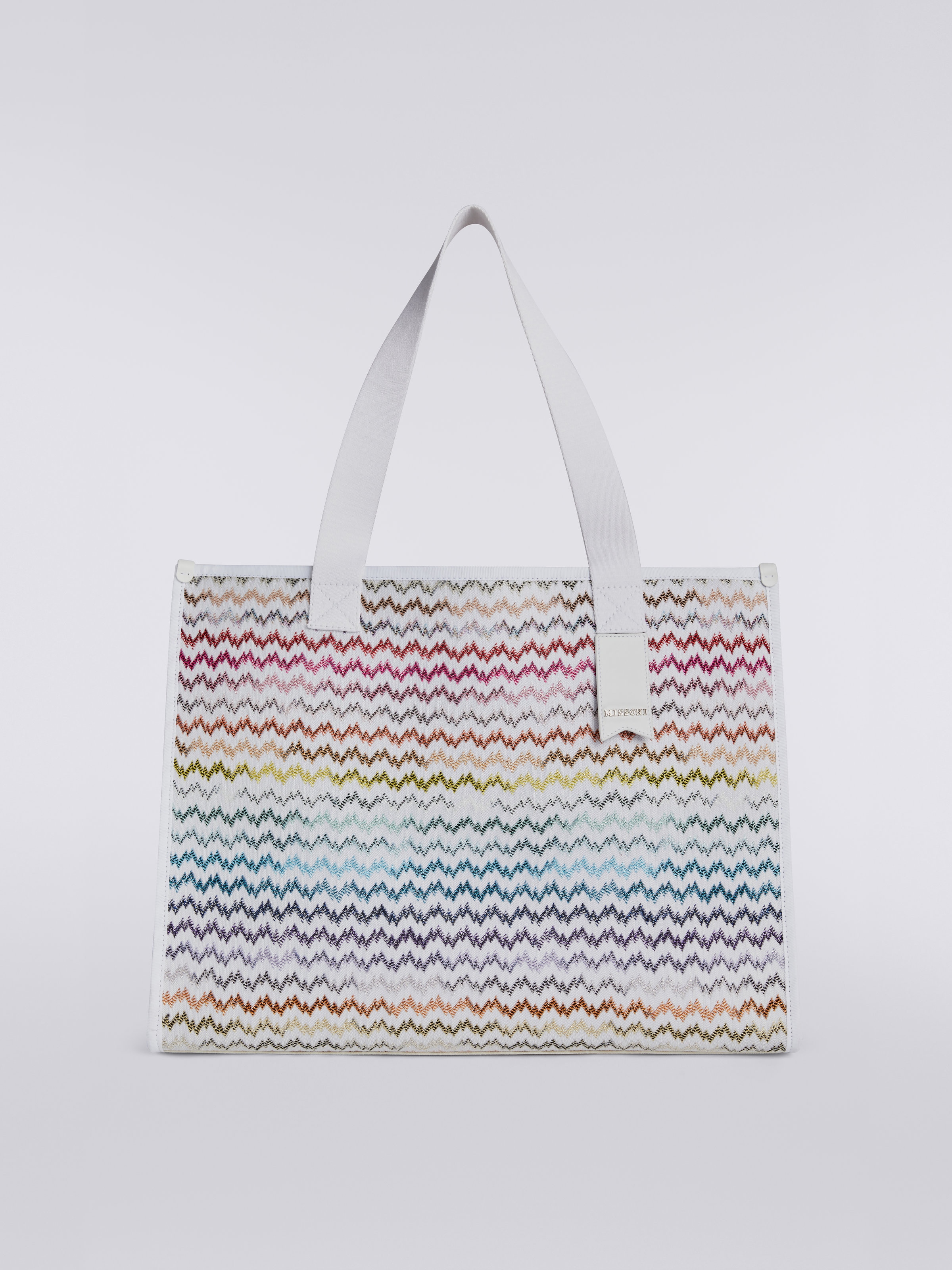 Shopper Bag aus mehrfarbigem Strick mit Spitzeneffekt und Logo-Detail, Mehrfarbig  - 0