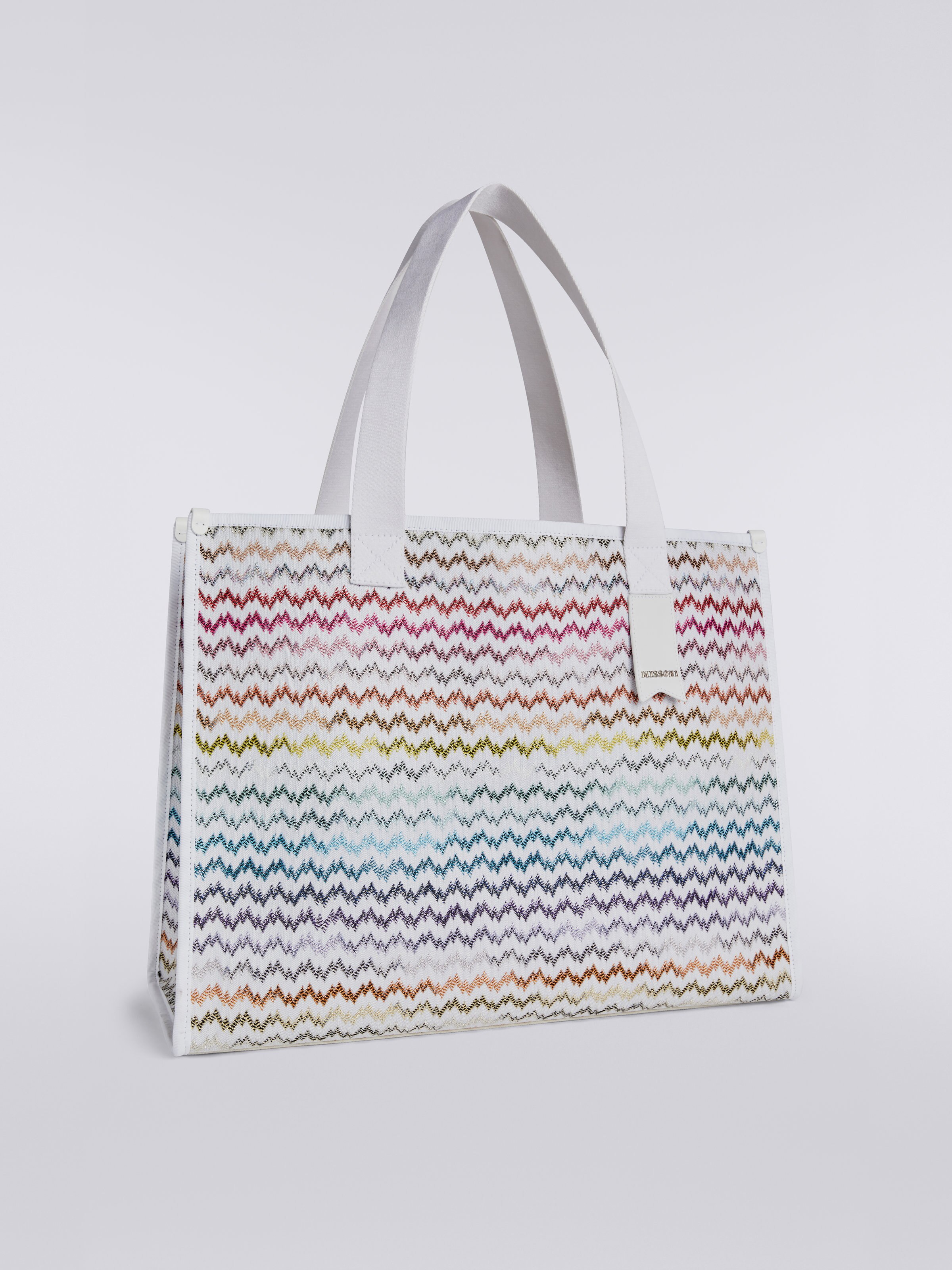 Shopper Bag aus mehrfarbigem Strick mit Spitzeneffekt und Logo-Detail, Mehrfarbig  - 1