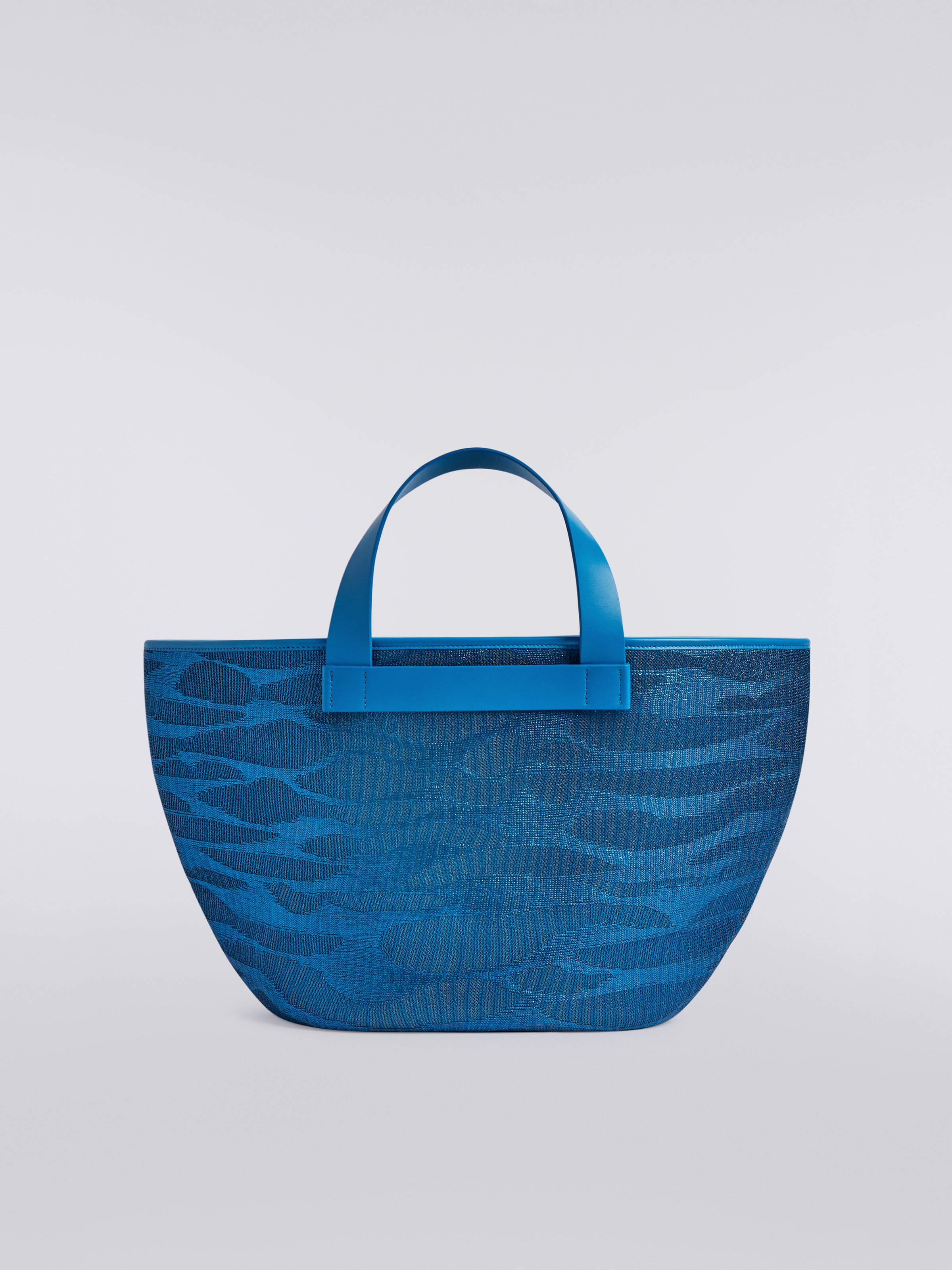 Jacquard viscose knit tote with leather handles, Blue - 2