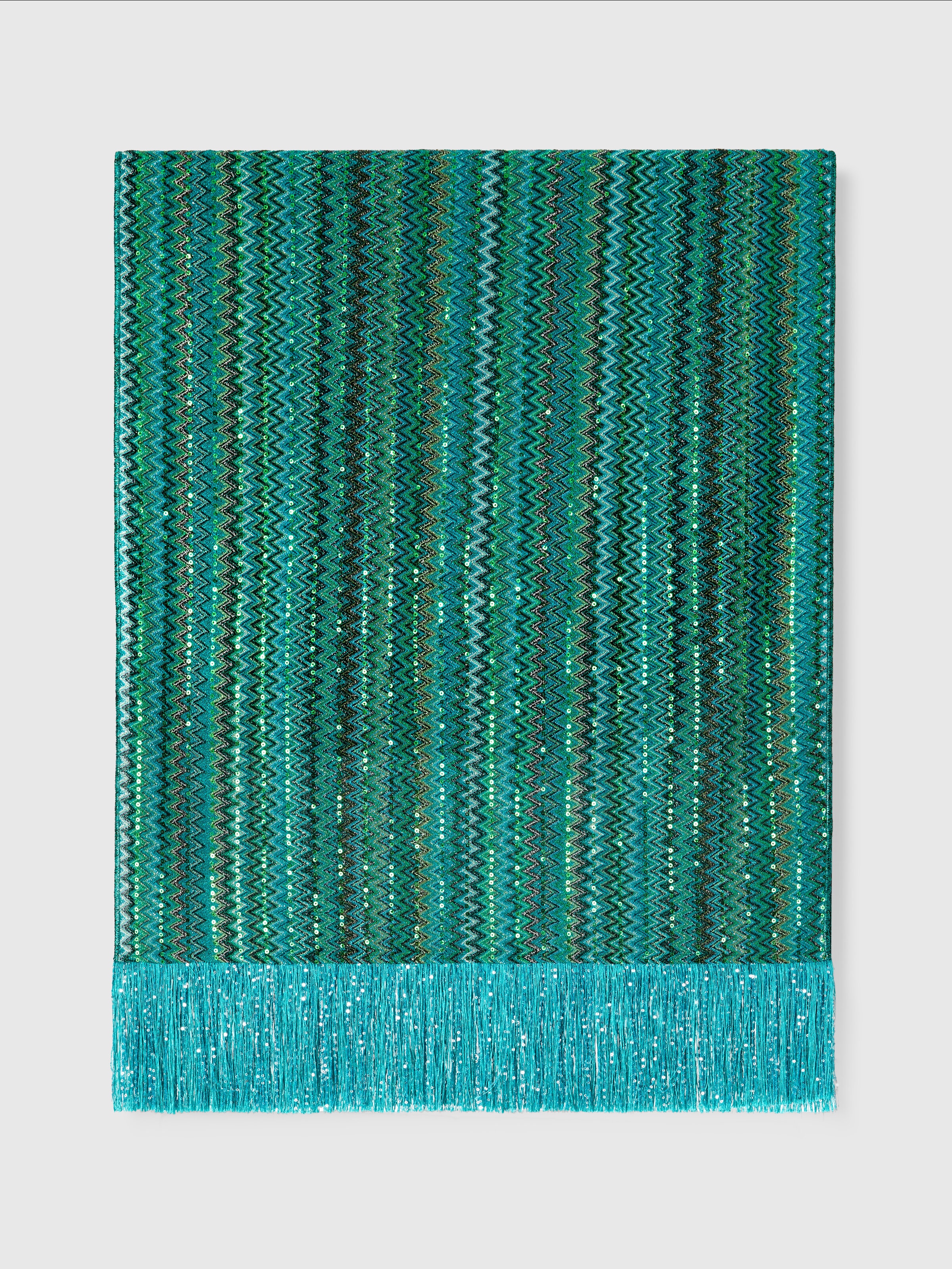 Viscose stole in zig zag lamé with sequins and fringes, Multicoloured  - 0