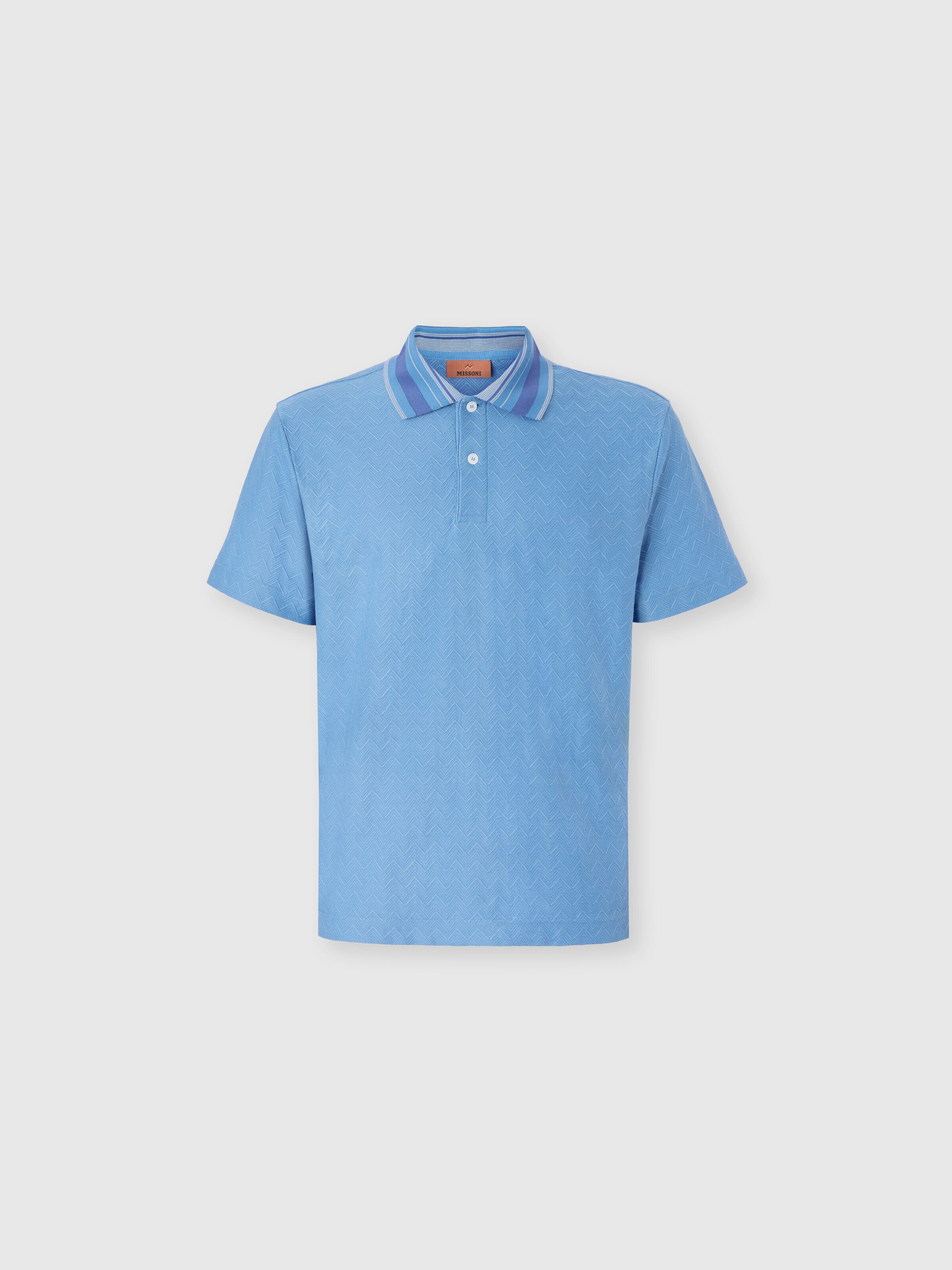 Jacquard cotton polo shirt with tone-on-tone zigzag design, Light Blue - 0