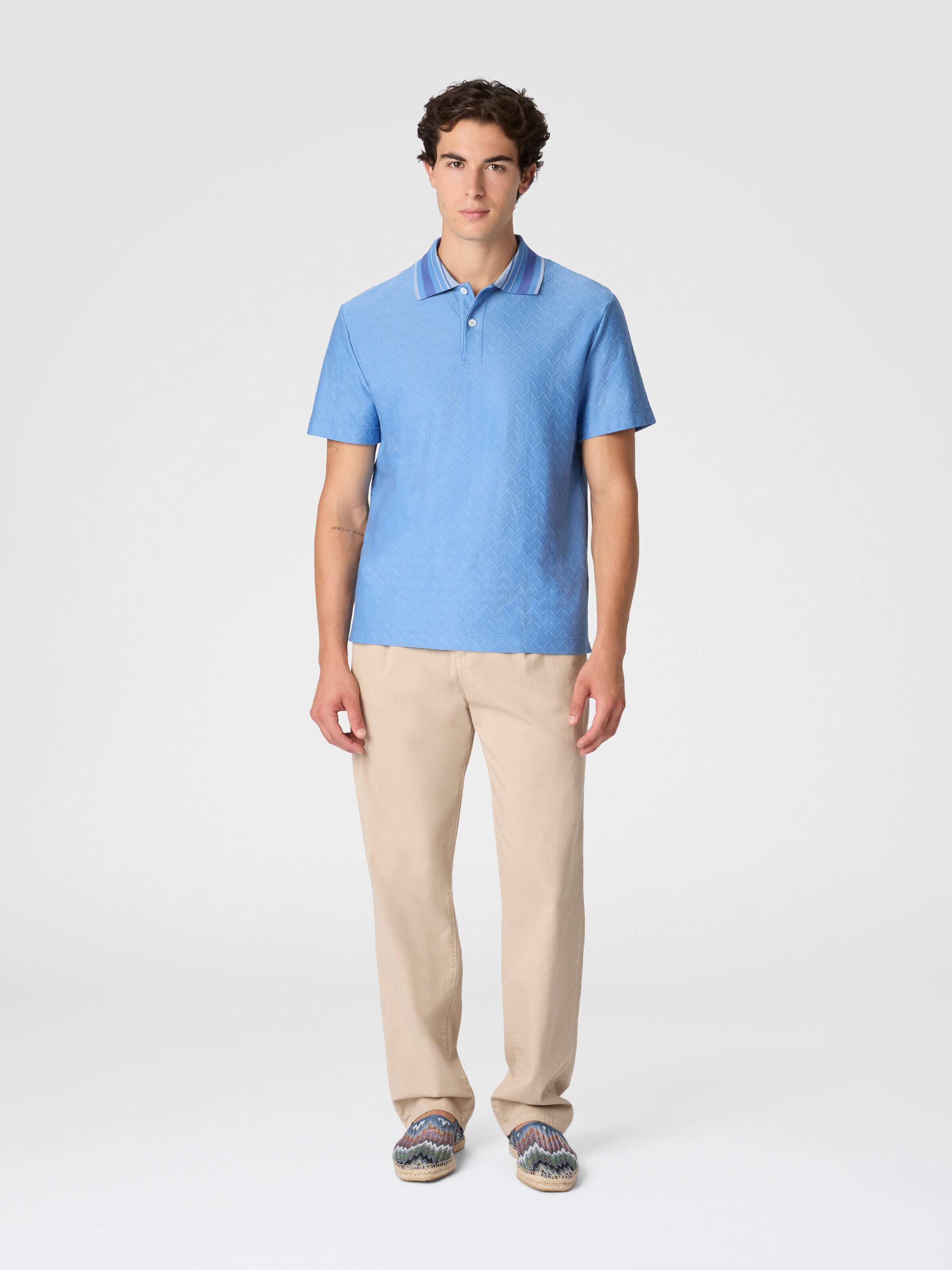 Jacquard cotton polo shirt with tone-on-tone zigzag design, Light Blue - 1