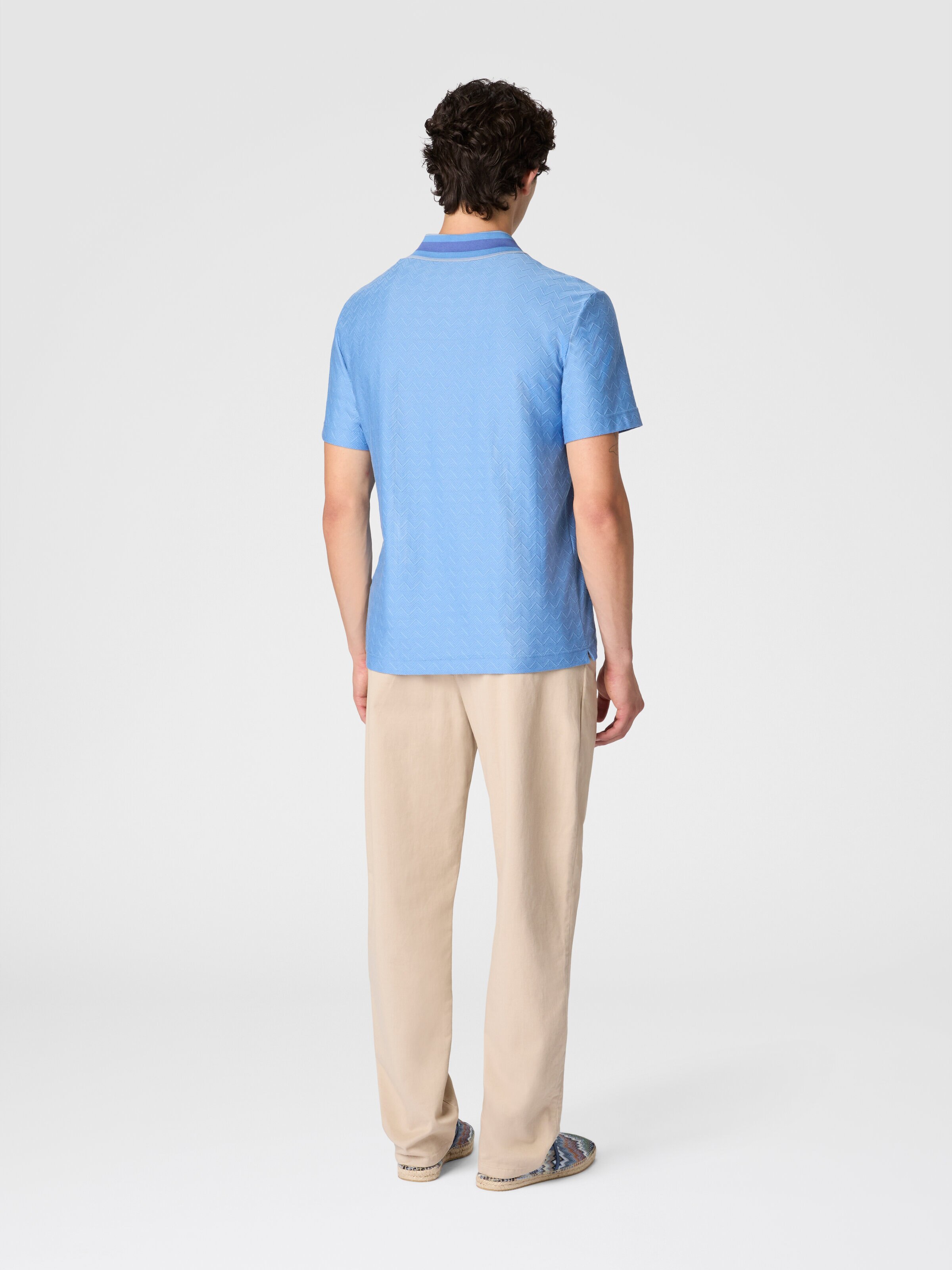 Jacquard cotton polo shirt with tone-on-tone zigzag design, Light Blue - 2