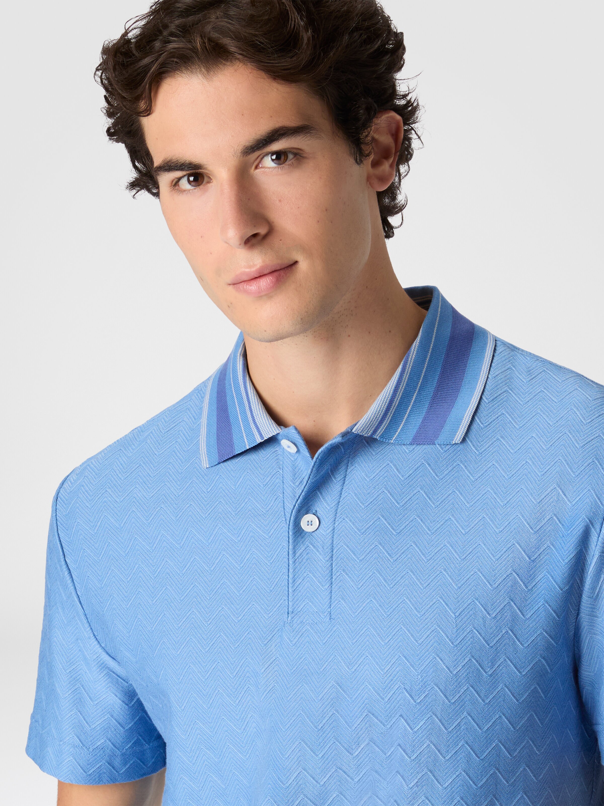 Jacquard cotton polo shirt with tone-on-tone zigzag design, Light Blue - 3