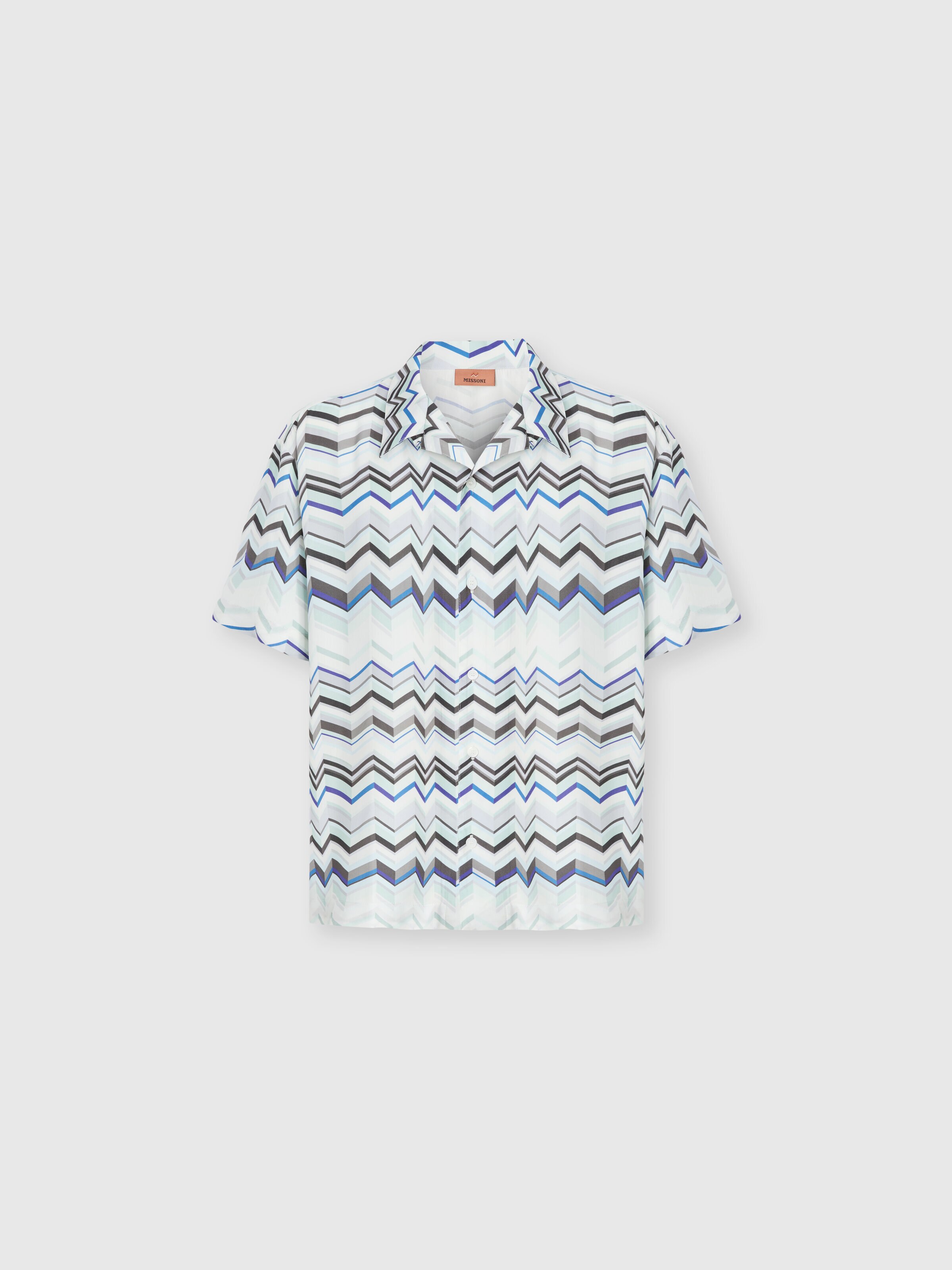 Bowling shirt in viscose with zigzag print, Light Blue - 0