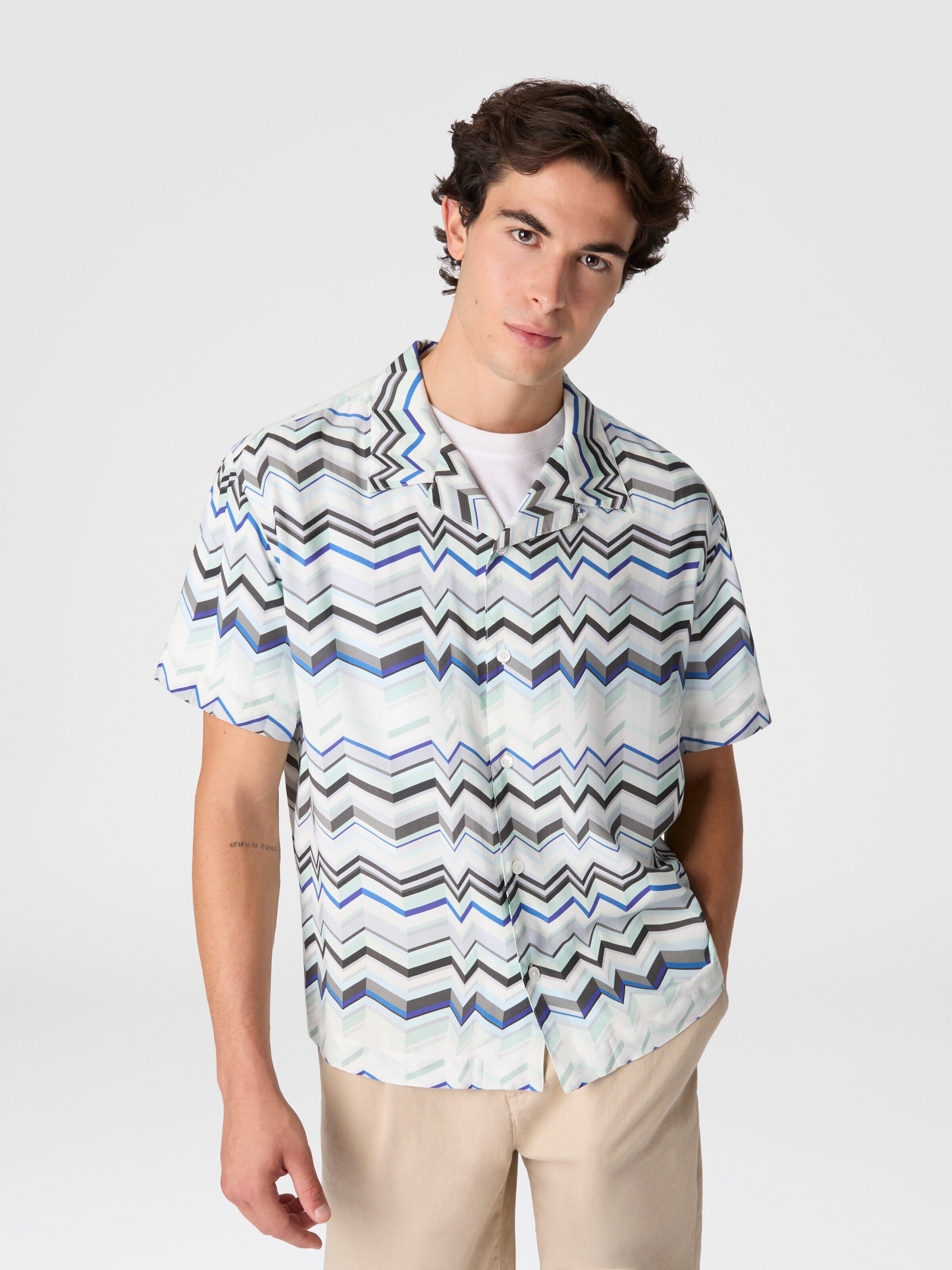 Bowling shirt in viscose with zigzag print, Light Blue - 3