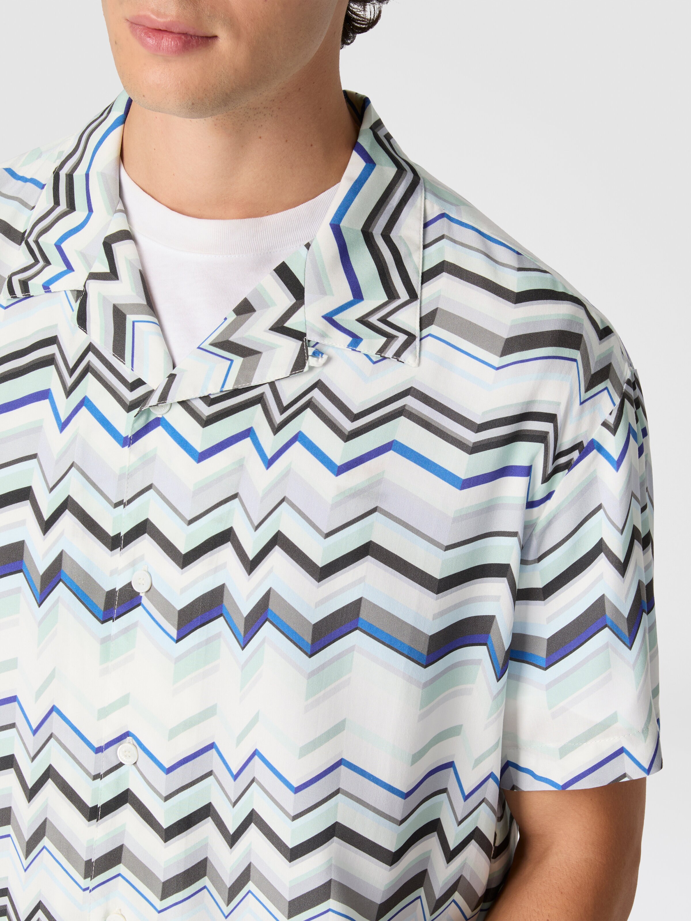 Bowling shirt in viscose with zigzag print, Light Blue - 4