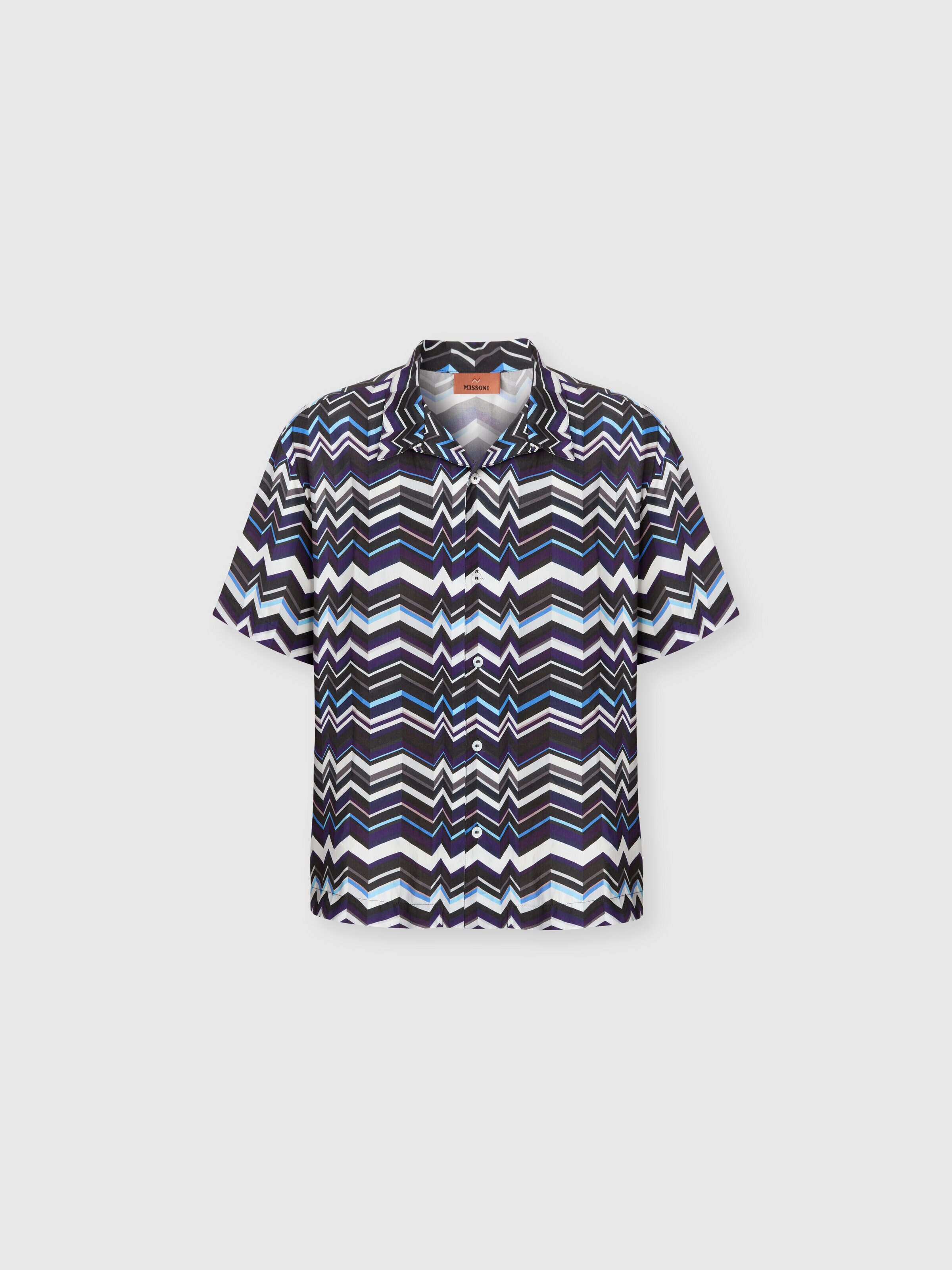 Bowling shirt in viscose with zigzag print, Blue - 0