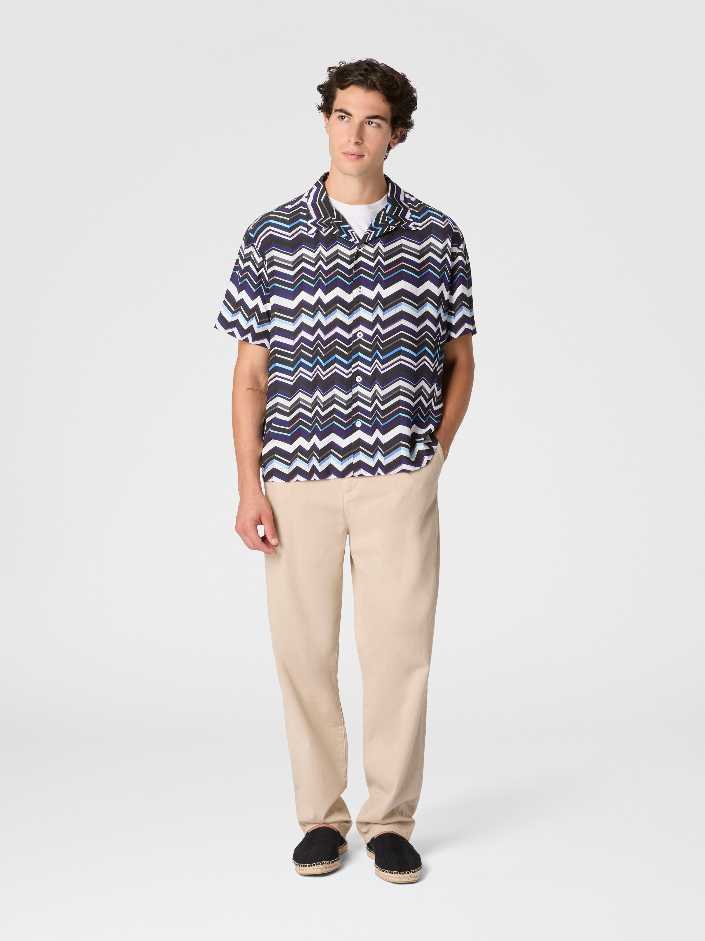 Bowling shirt in viscose with zigzag print, Blue - 1