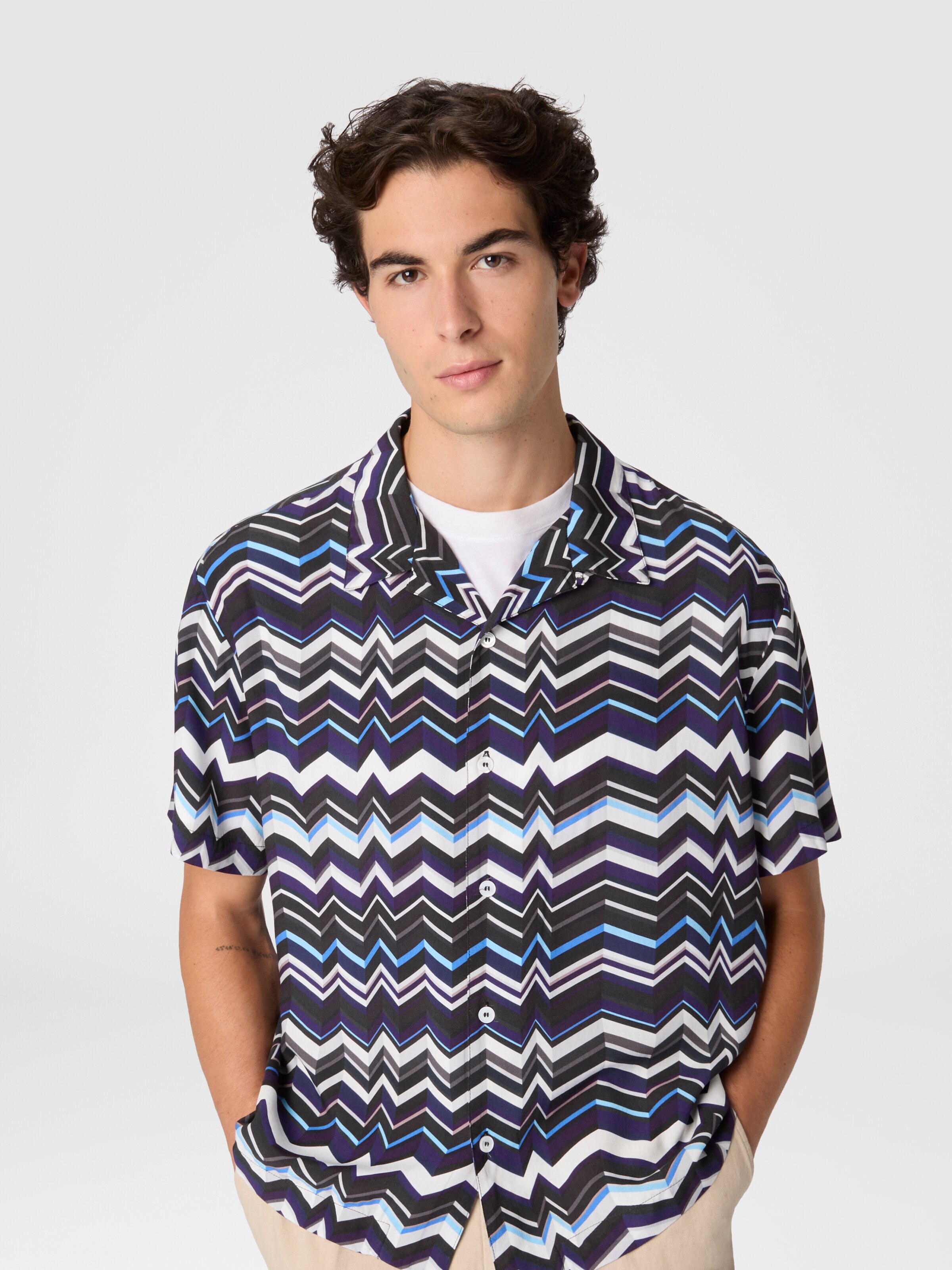 Bowling shirt in viscose with zigzag print, Blue - 3