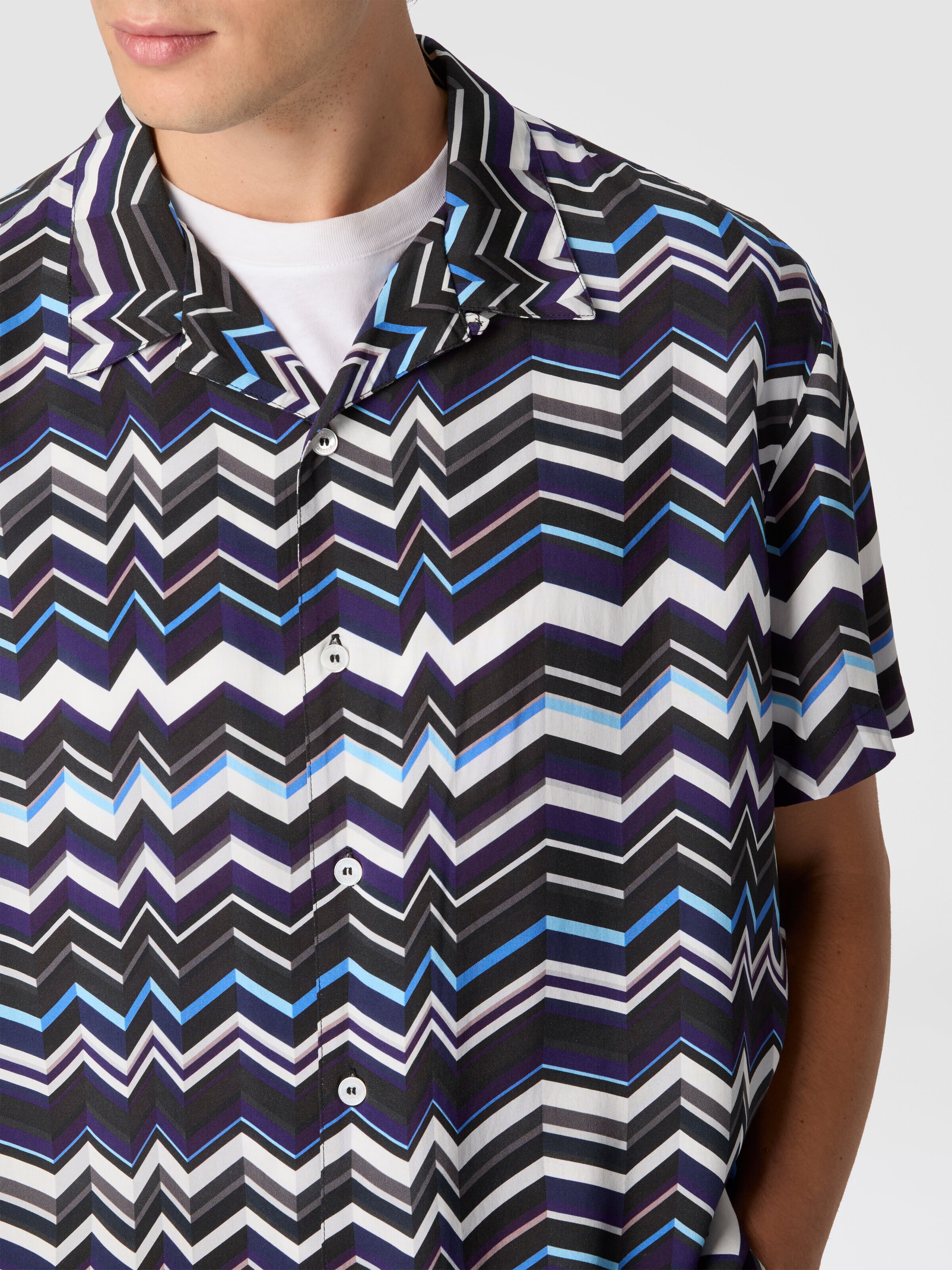 Bowling shirt in viscose with zigzag print, Blue - 4