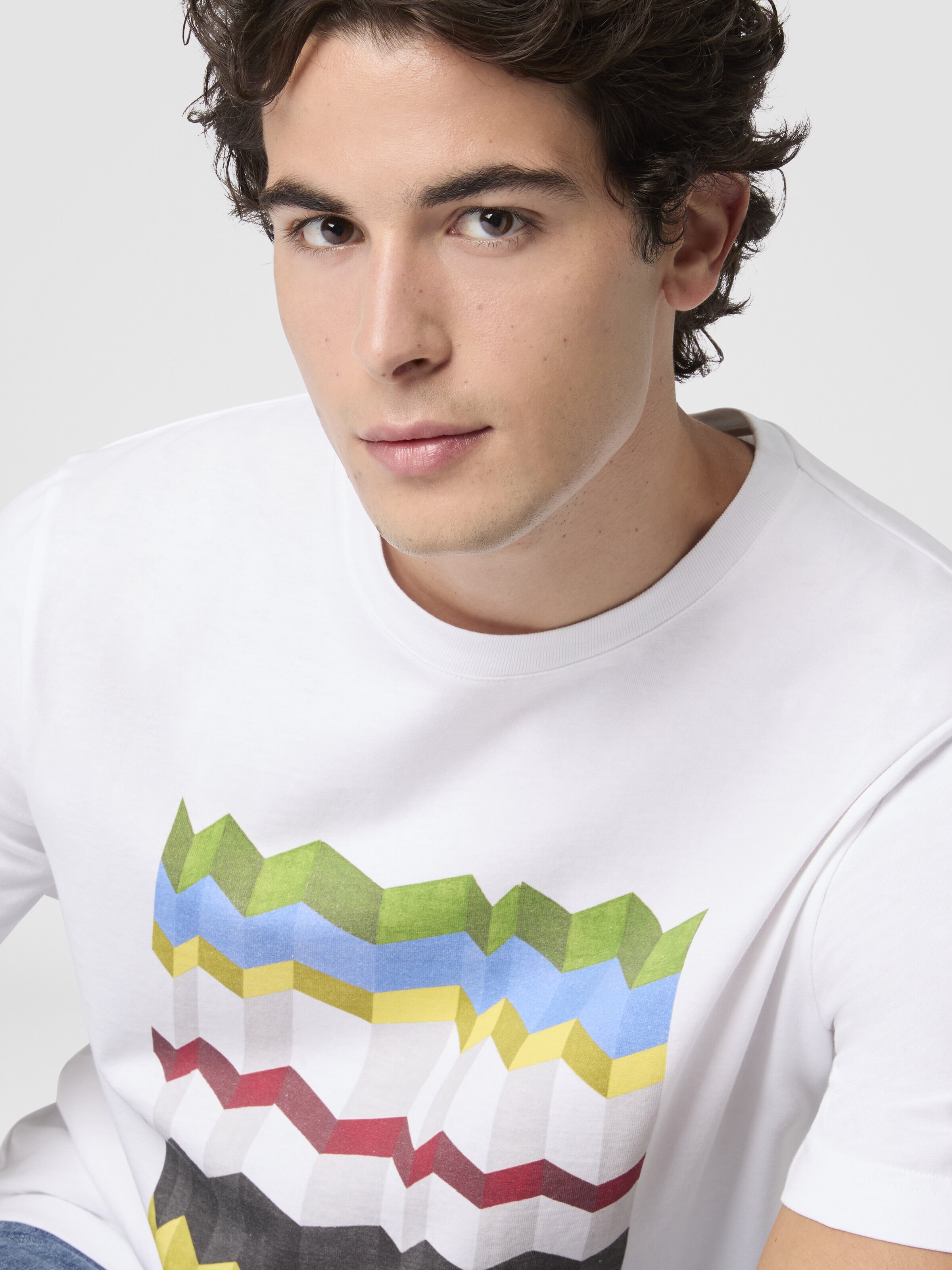 Crew-neck cotton T-shirt with macro zigzag print, White & Multicoloured - 3