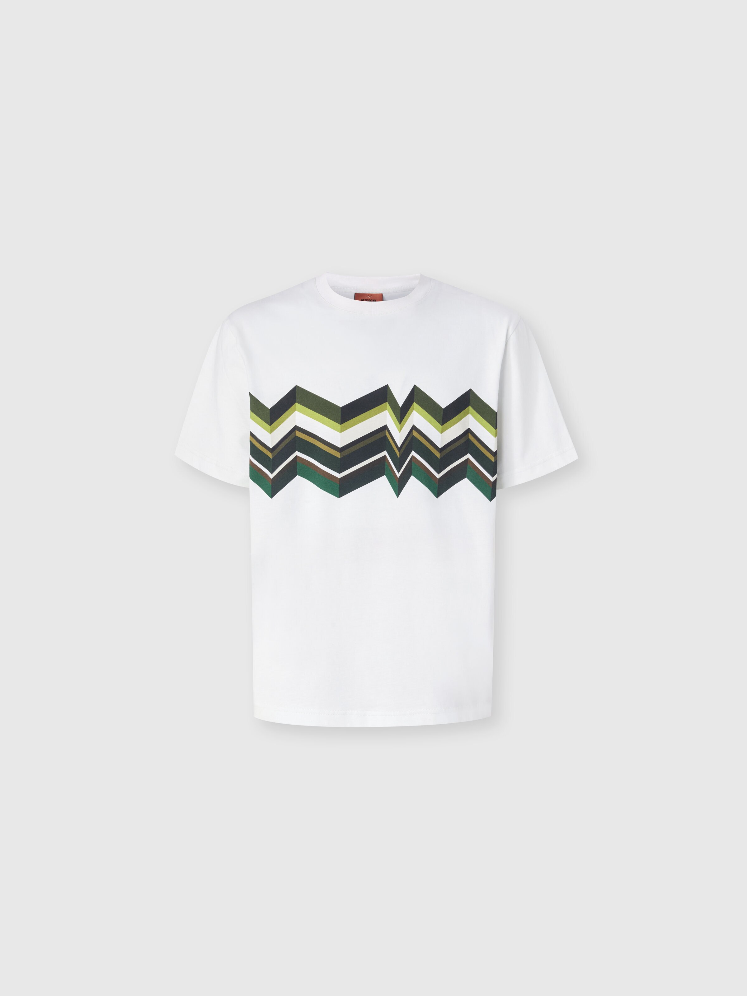 Crew-neck cotton T-shirt with irregular zigzag print, White & Green - 0