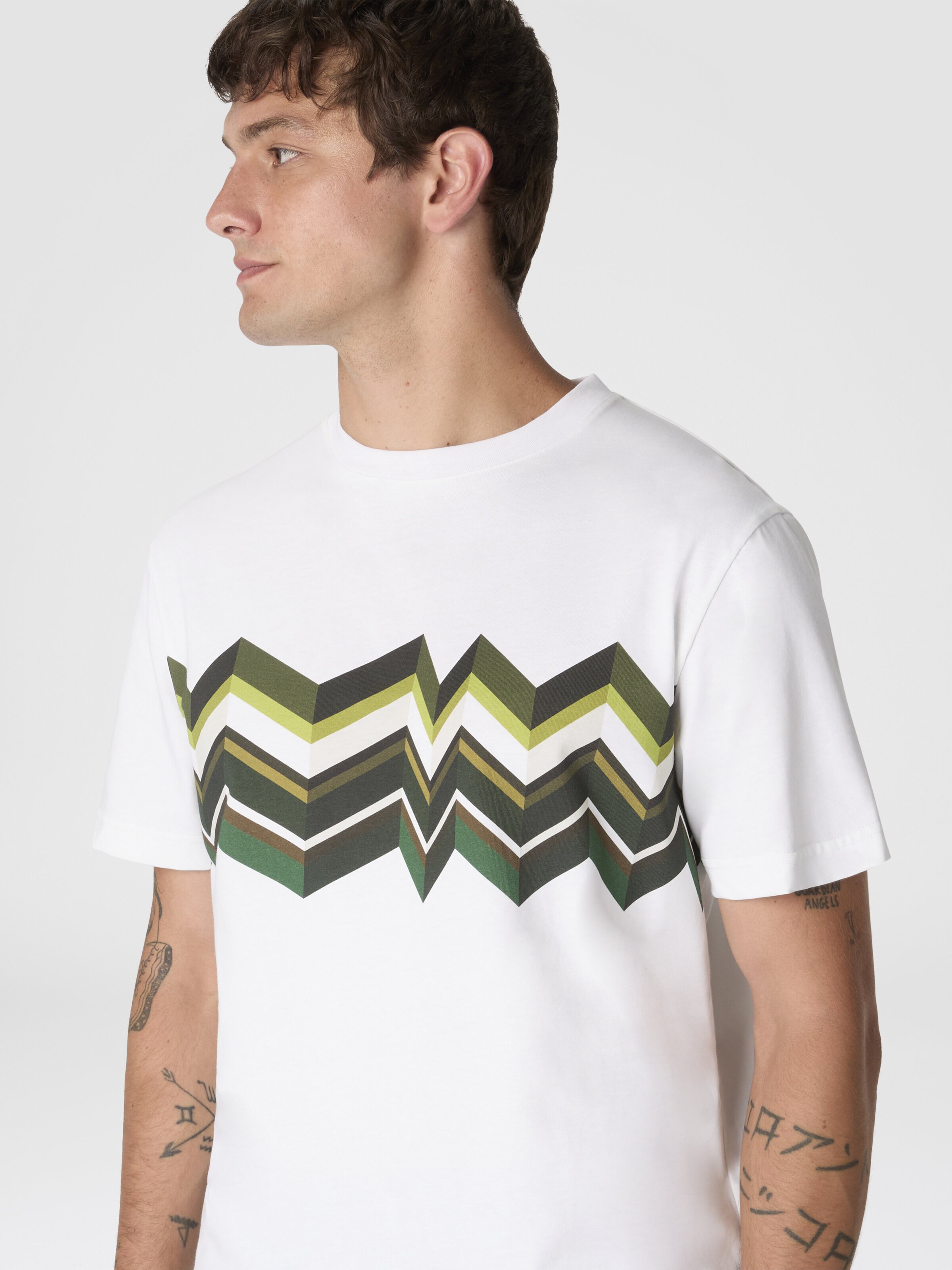 Crew-neck cotton T-shirt with irregular zigzag print, White & Green - 3