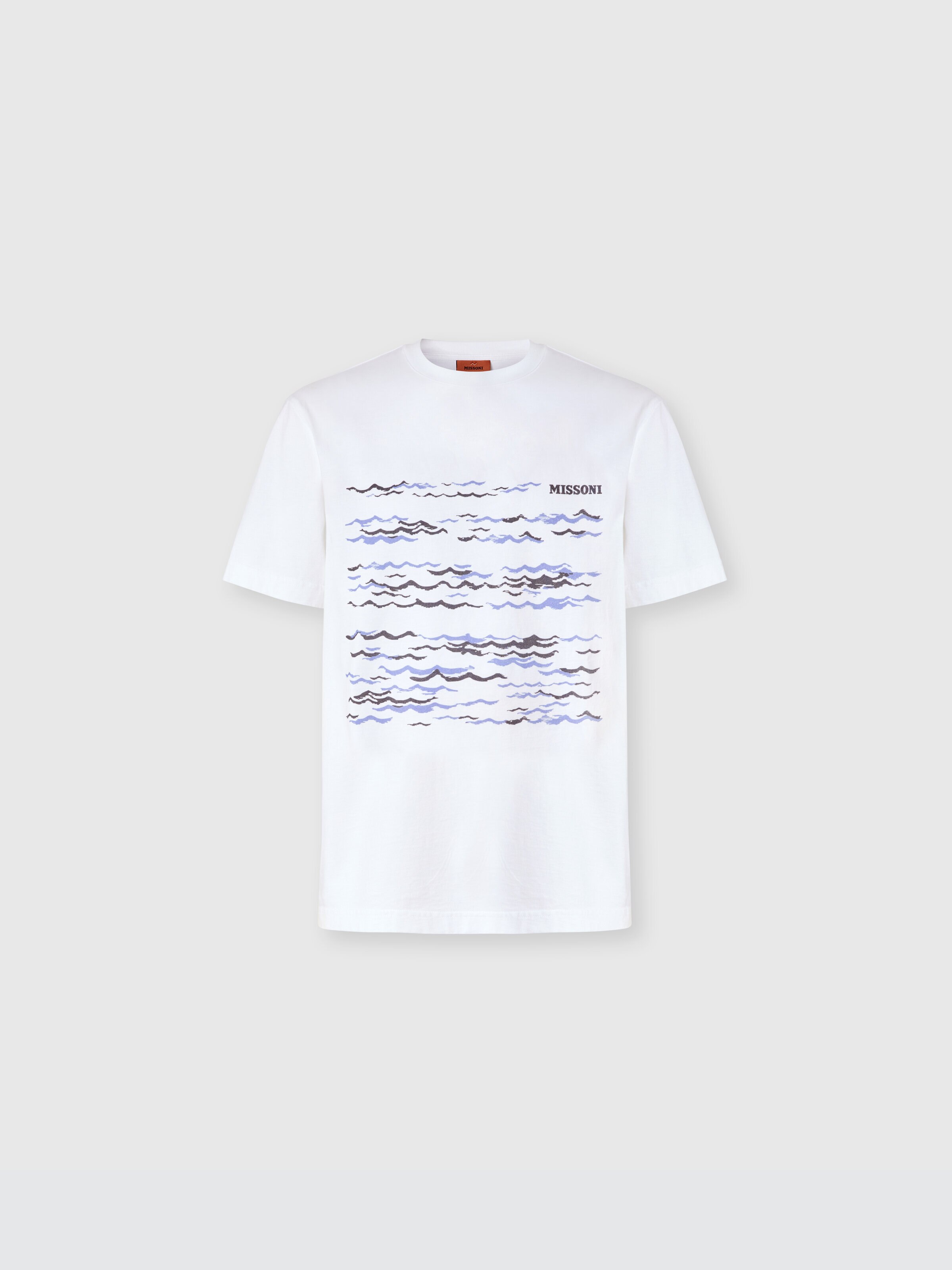 Crew-neck cotton T-shirt with wave print and logo, White & Blue  - 0