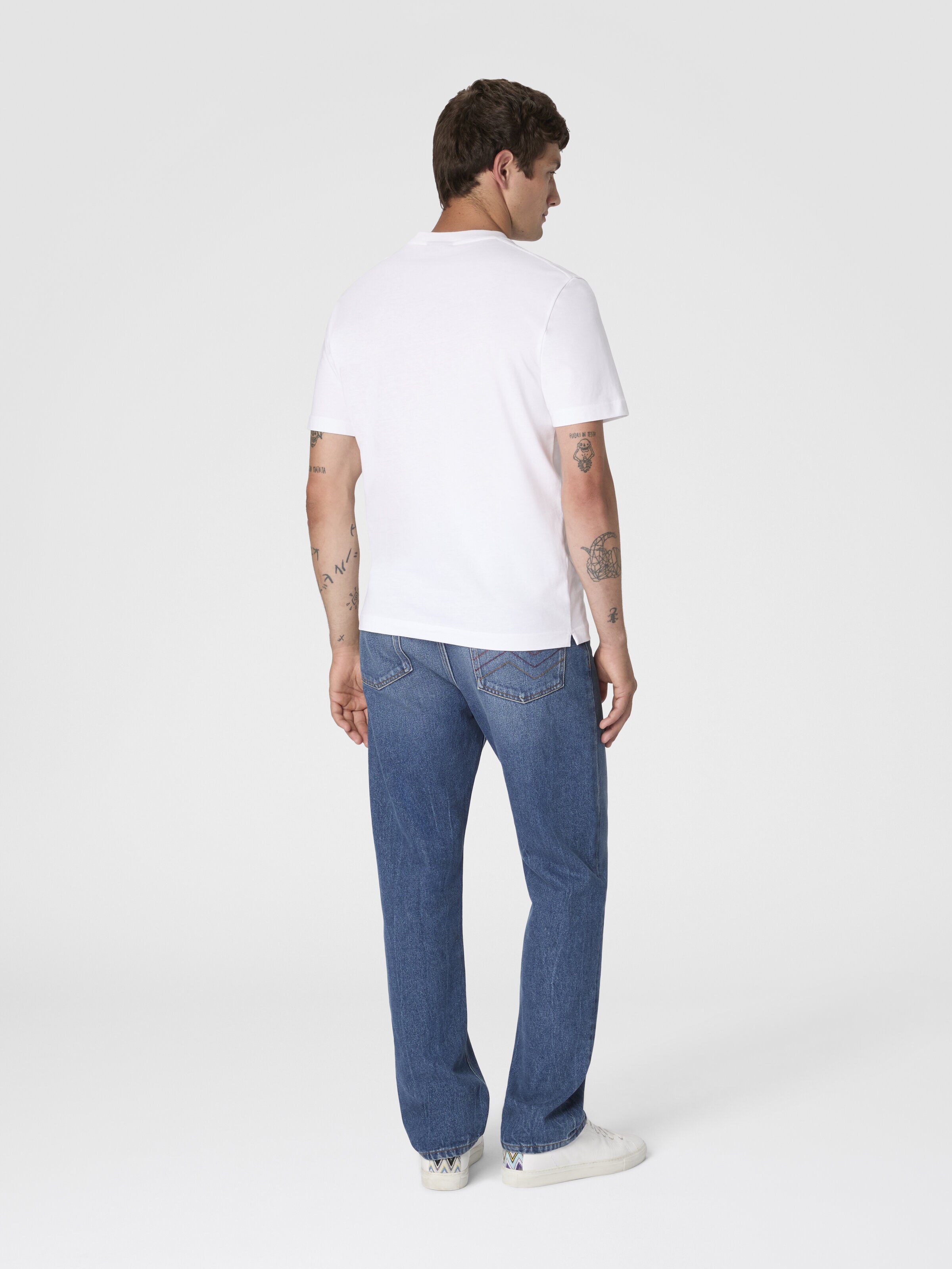 Crew-neck cotton T-shirt with wave print and logo, White & Blue  - 2