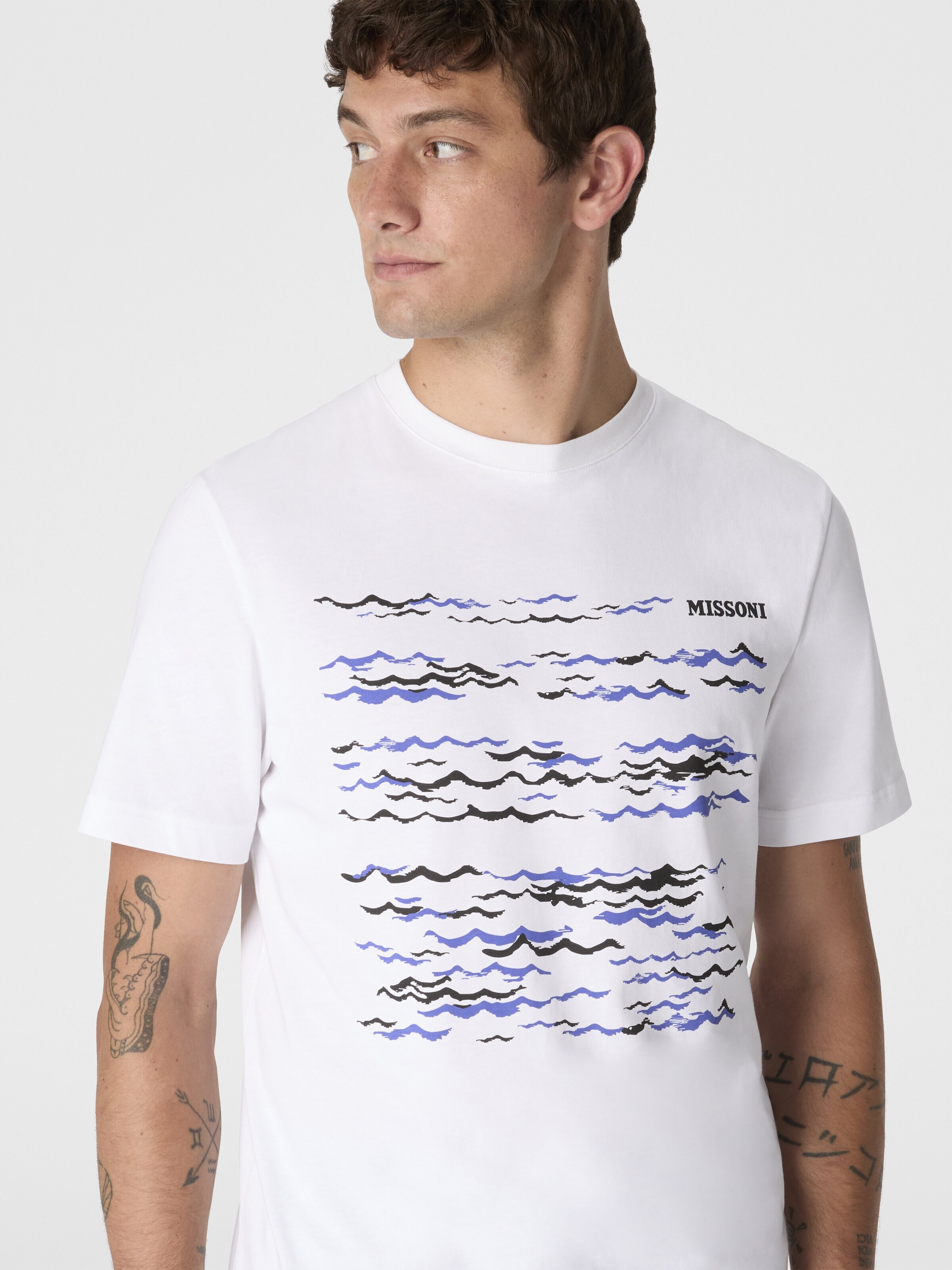 Crew-neck cotton T-shirt with wave print and logo, White & Blue  - 3