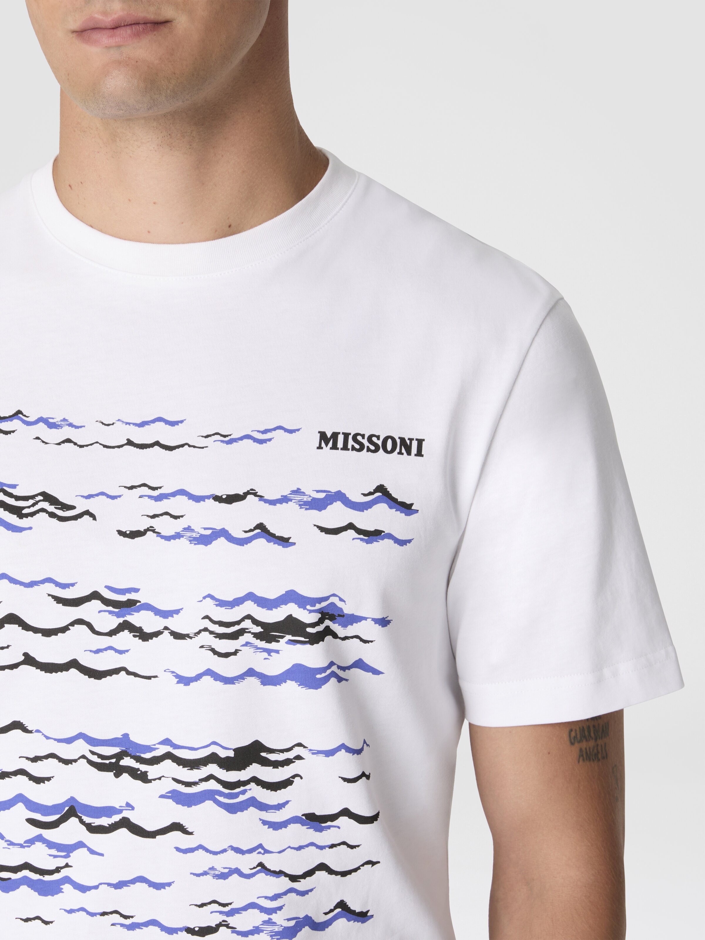 Crew-neck cotton T-shirt with wave print and logo, White & Blue  - 4