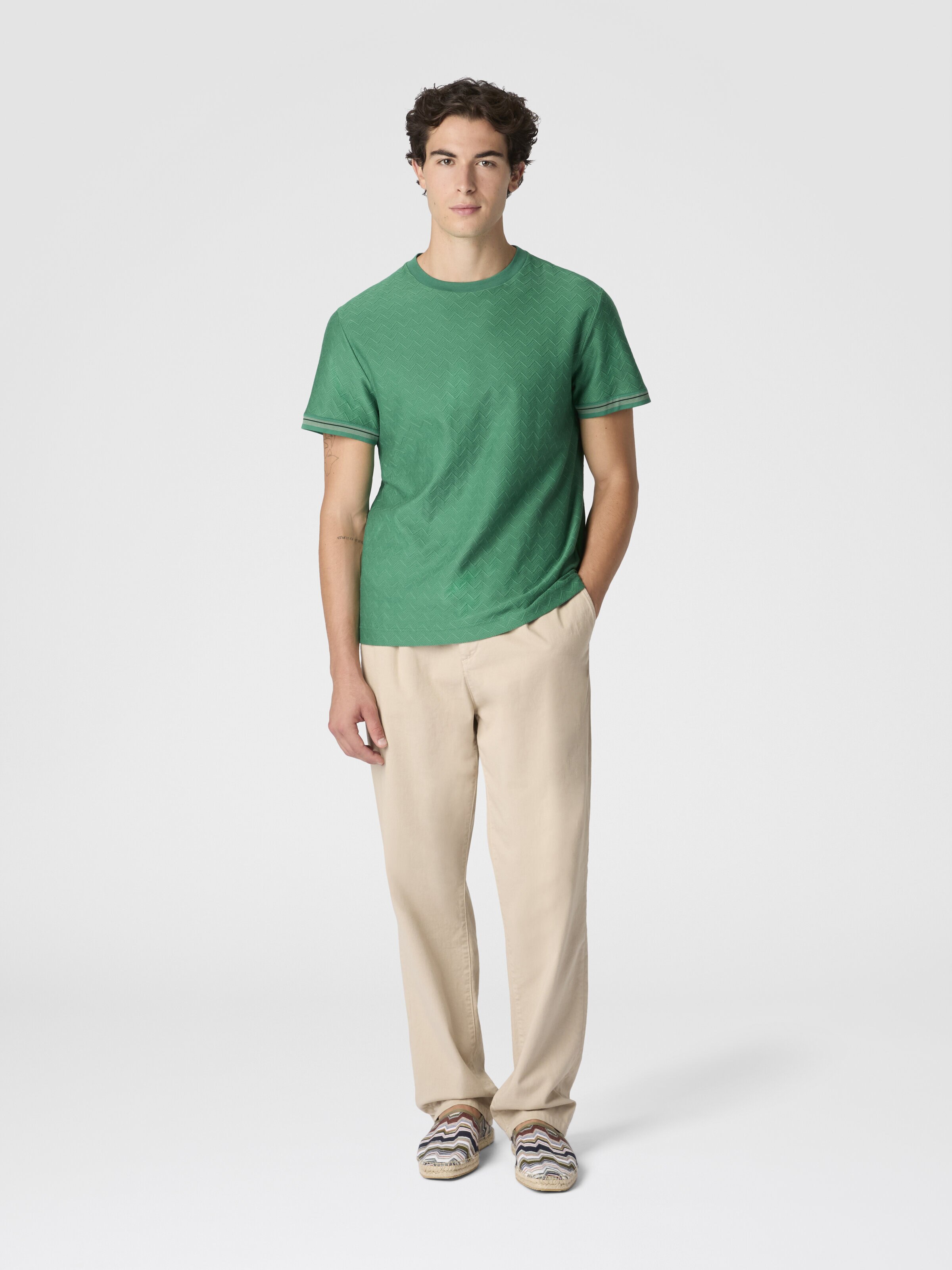 Crew-neck cotton jacquard T-shirt with tone-on-tone zigzag design, Green - 1