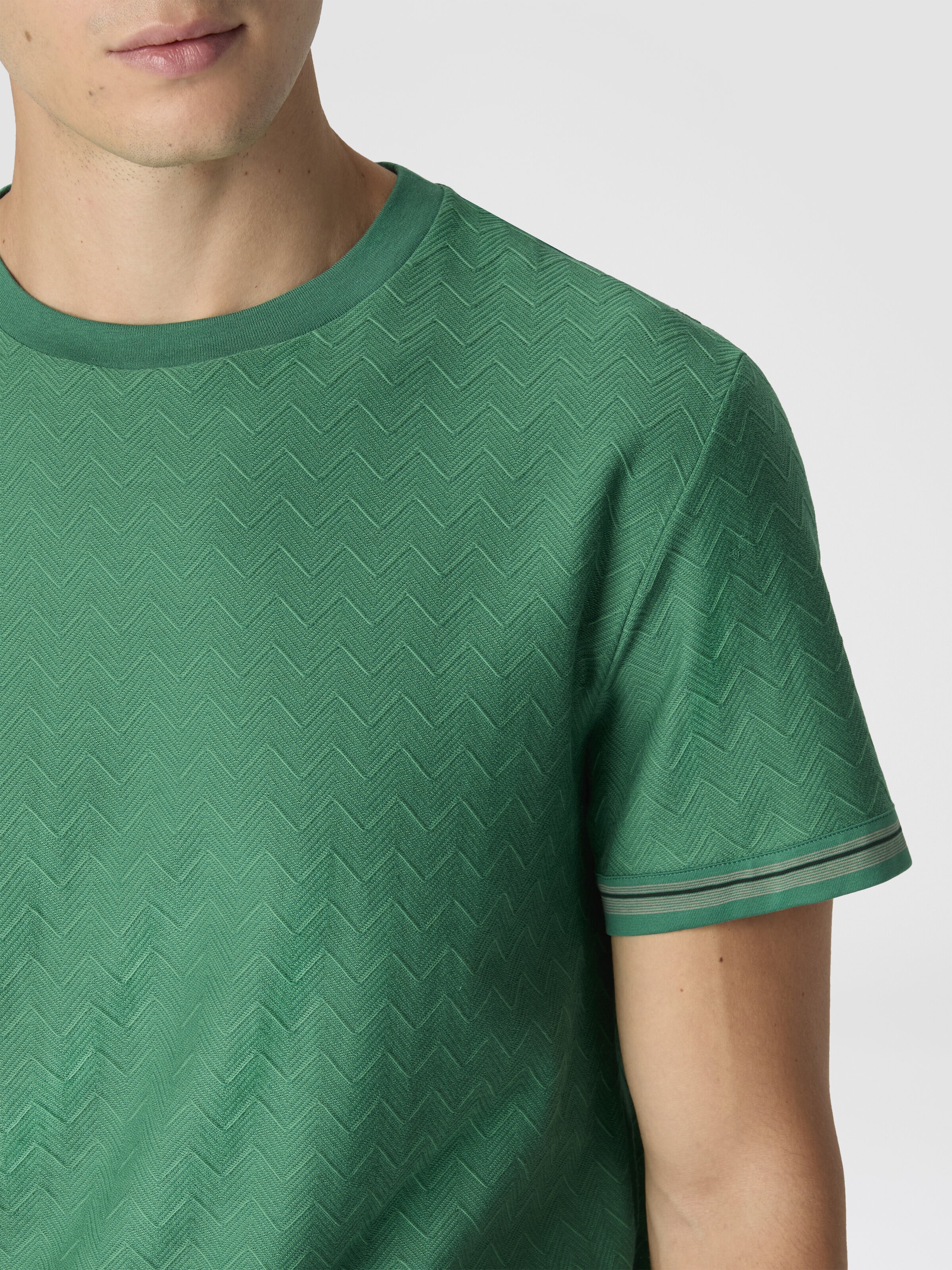 Crew-neck cotton jacquard T-shirt with tone-on-tone zigzag design, Green - 4