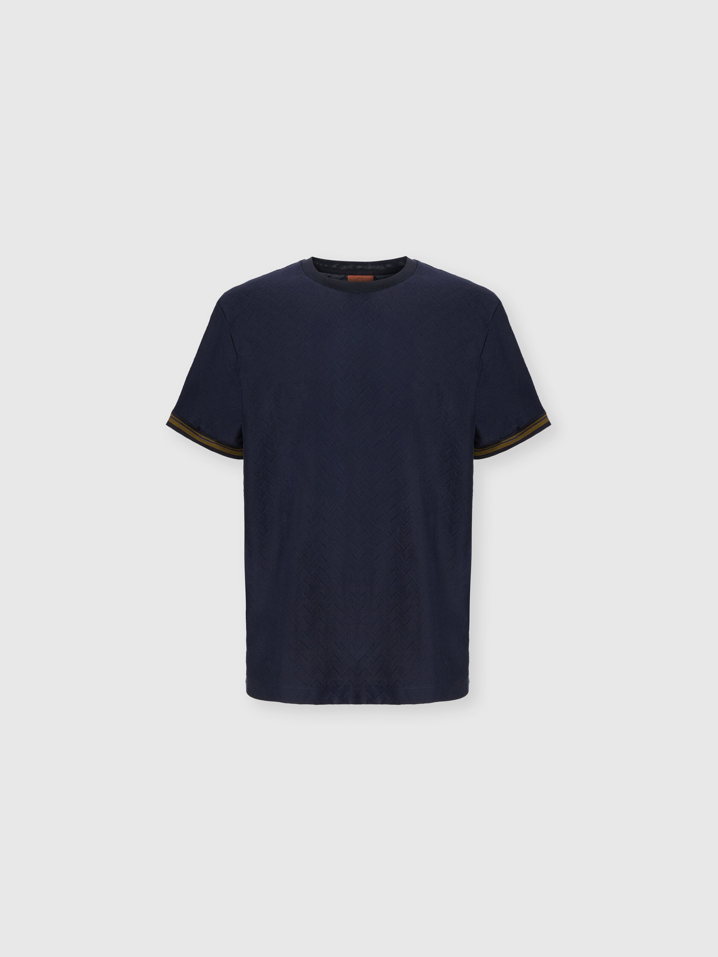 Crew-neck cotton jacquard T-shirt with tone-on-tone zigzag design, Blue - 0