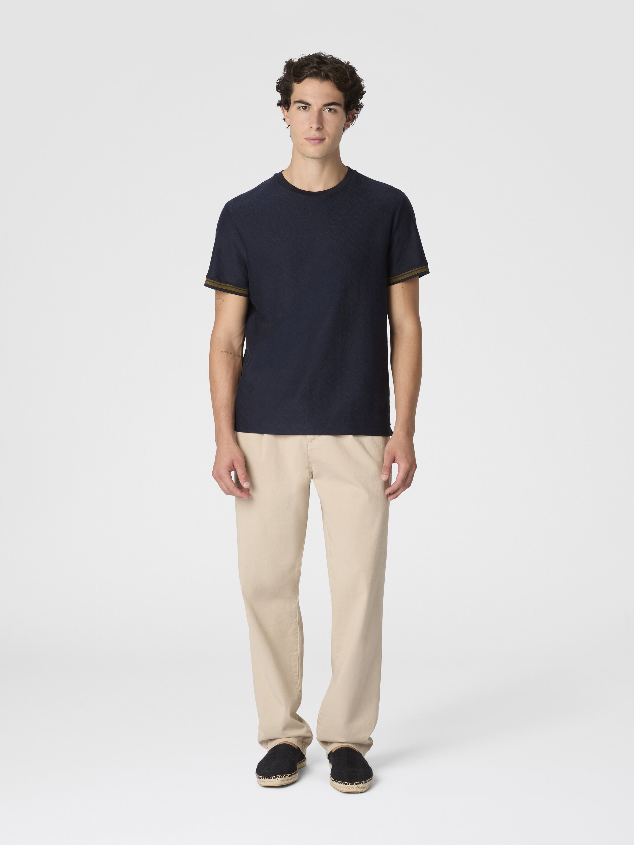 Crew-neck cotton jacquard T-shirt with tone-on-tone zigzag design, Blue - 1