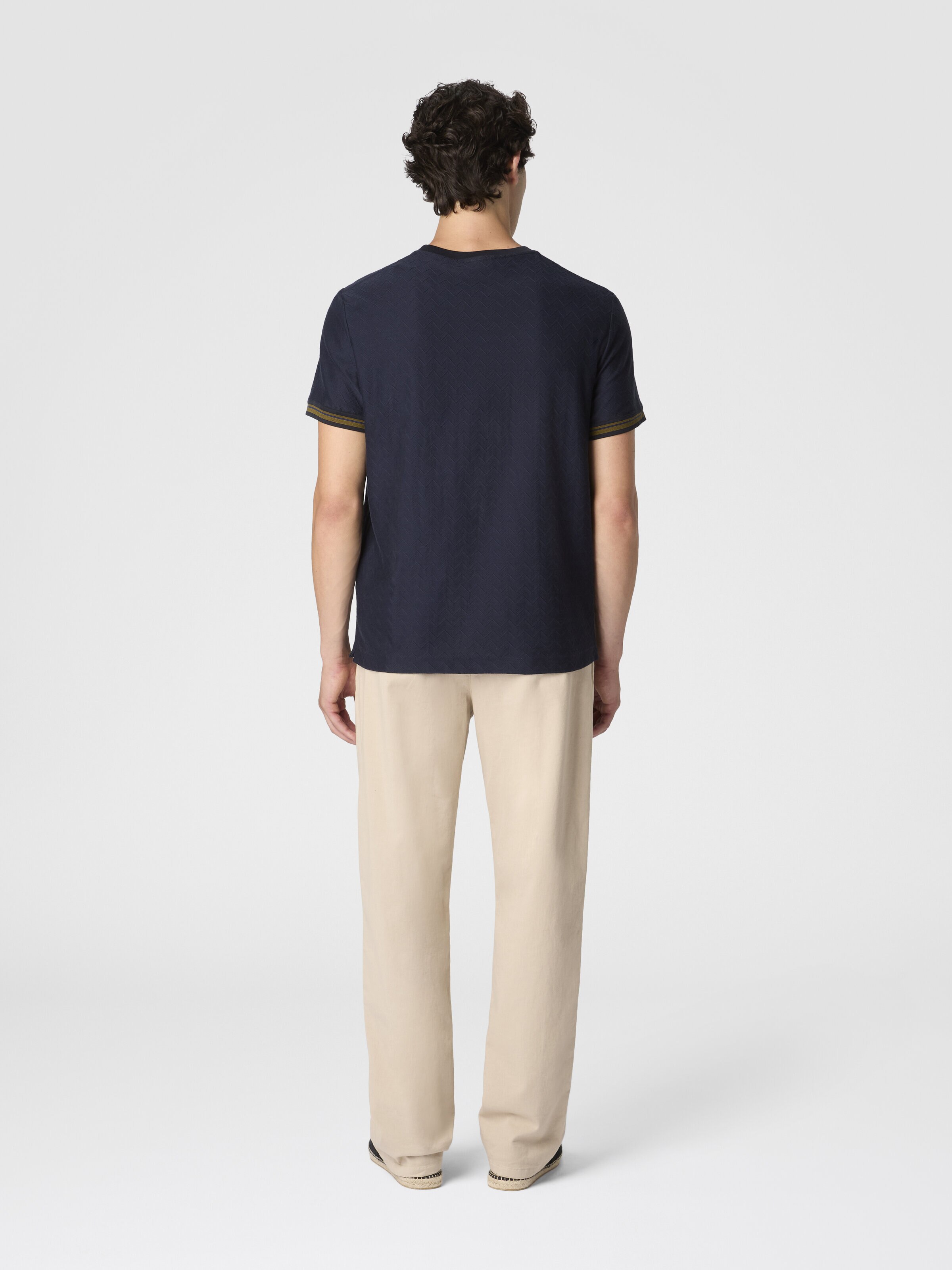 Crew-neck cotton jacquard T-shirt with tone-on-tone zigzag design, Blue - 2