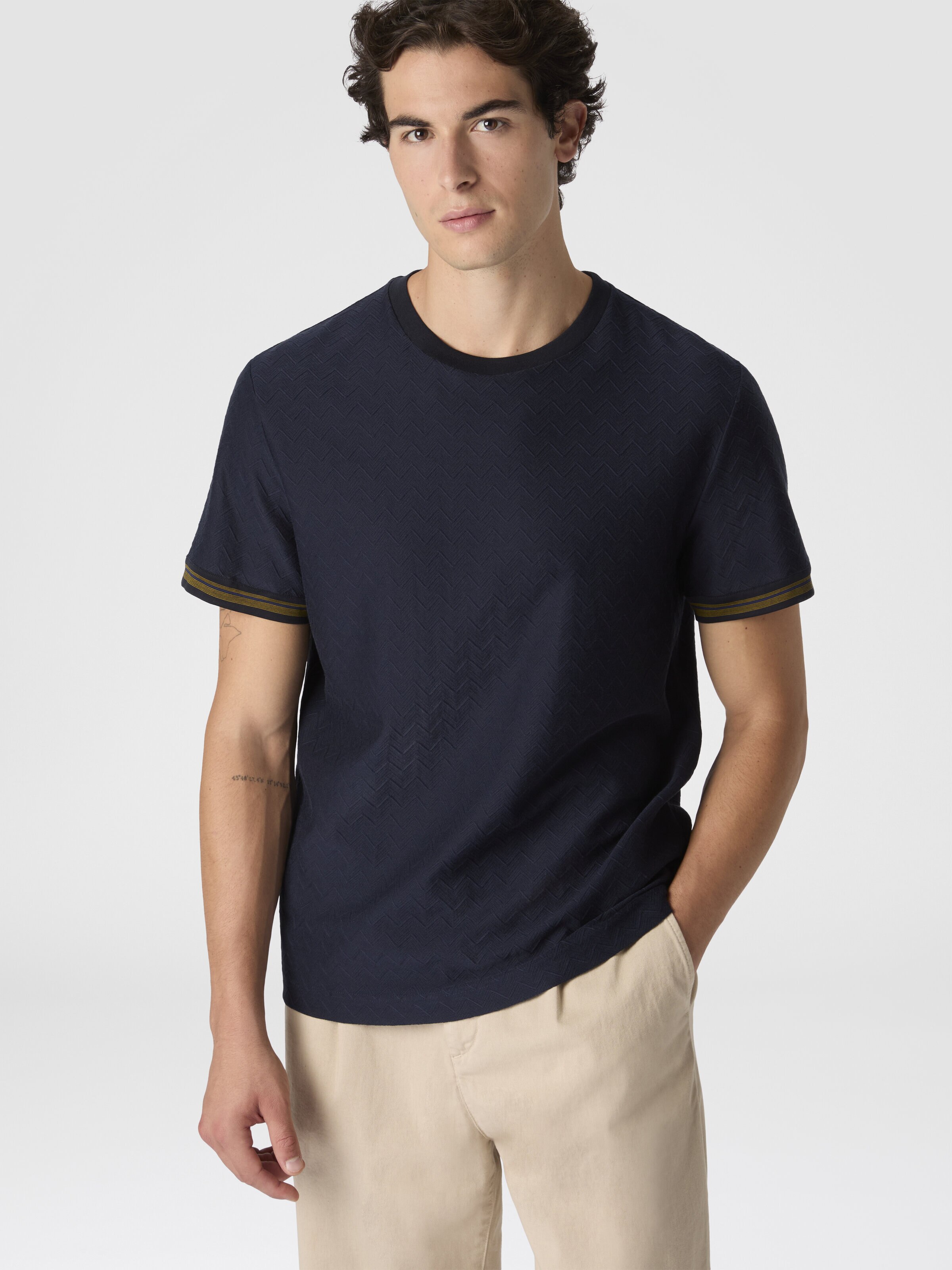 Crew-neck cotton jacquard T-shirt with tone-on-tone zigzag design, Blue - 3