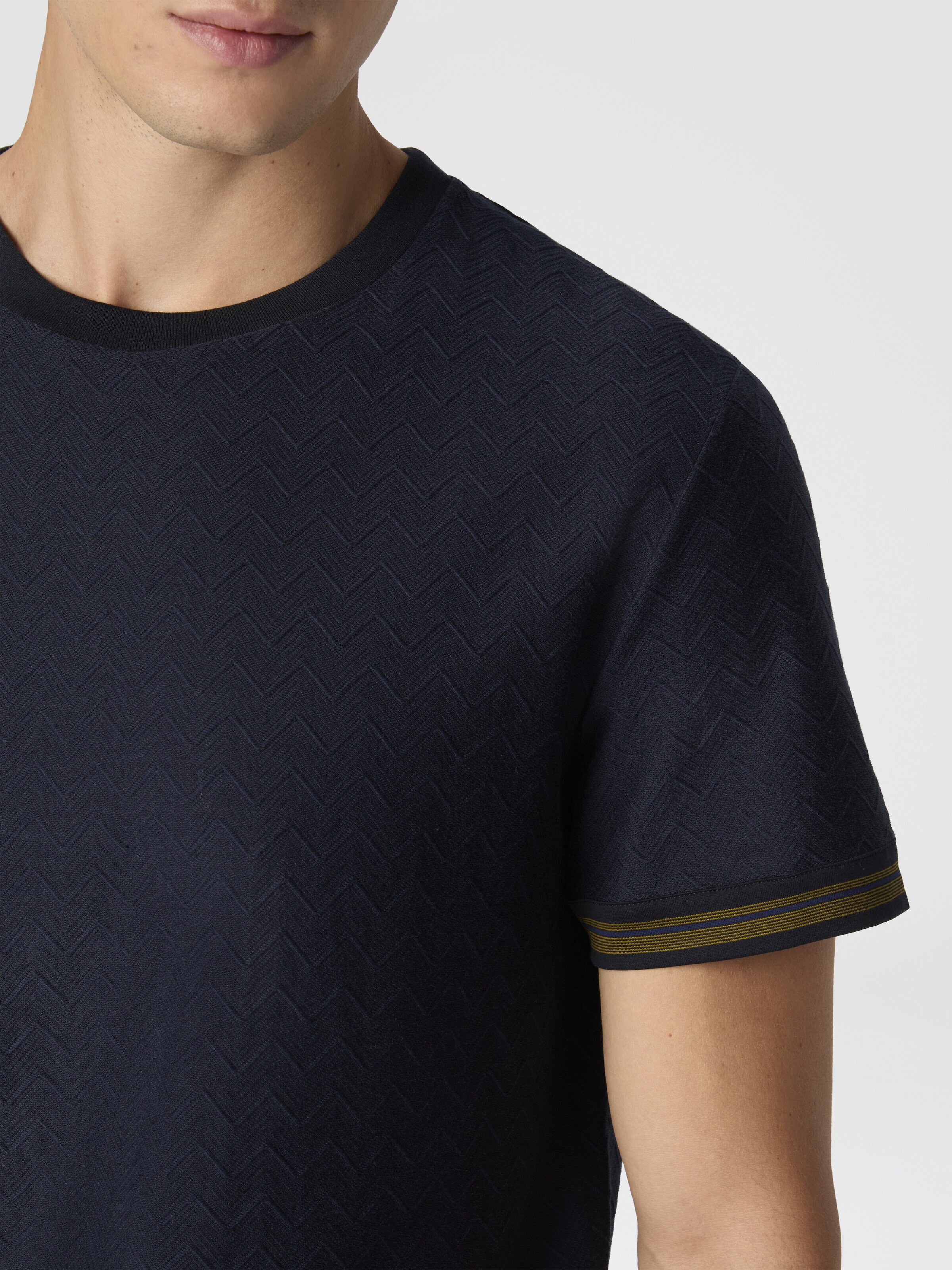 Crew-neck cotton jacquard T-shirt with tone-on-tone zigzag design, Blue - 4
