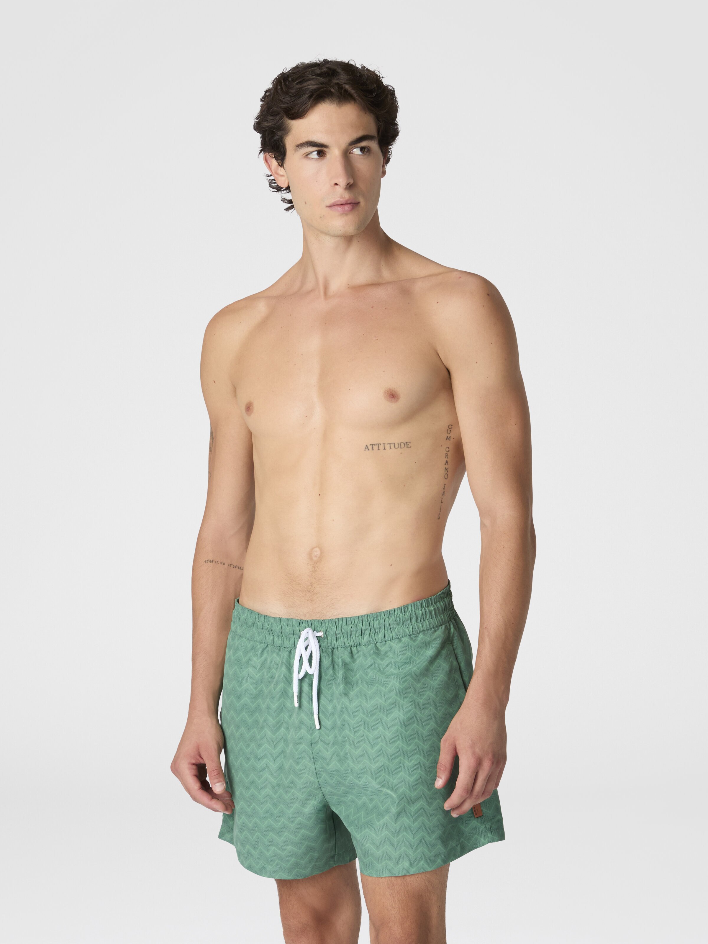Mid-length swim shorts with tone-on-tone zigzag print, Green - 1