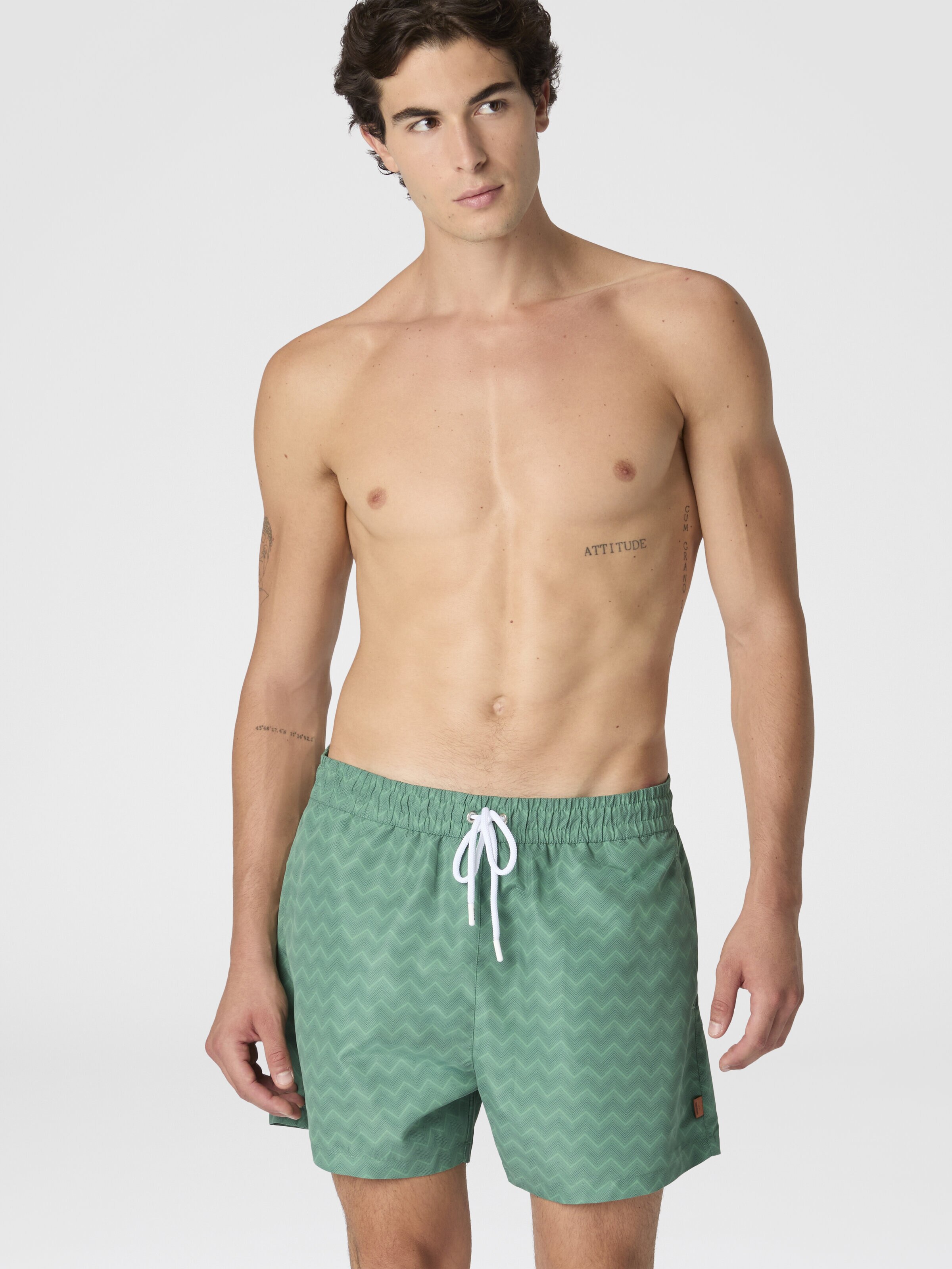 Mid-length swim shorts with tone-on-tone zigzag print, Green - 3