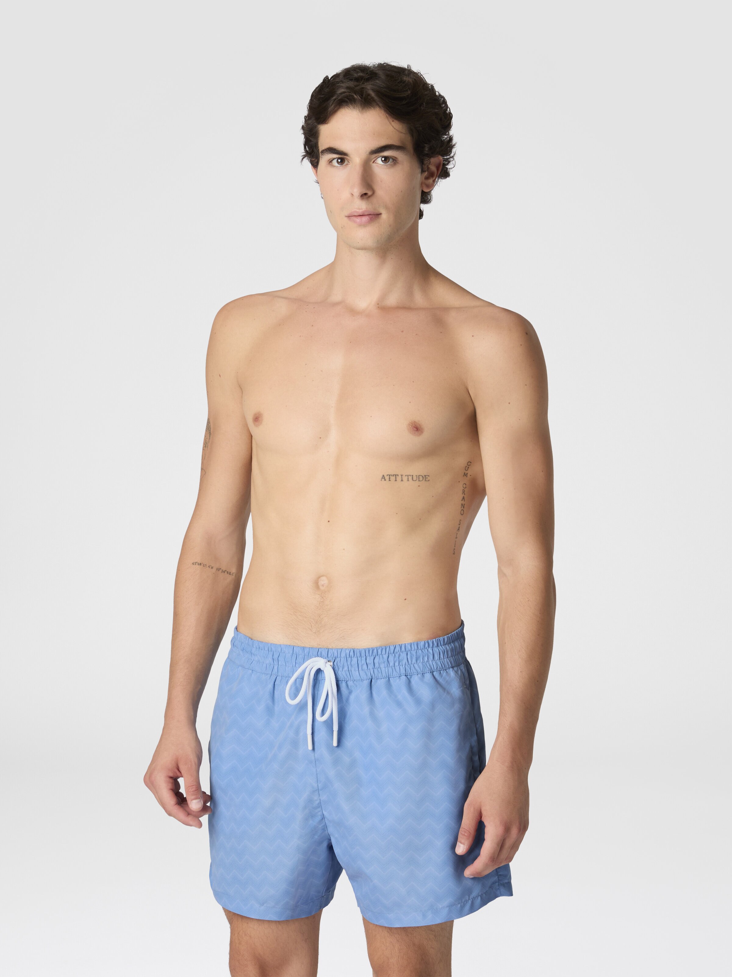 Mid-length swim shorts with tone-on-tone zigzag print, Light Blue - 1