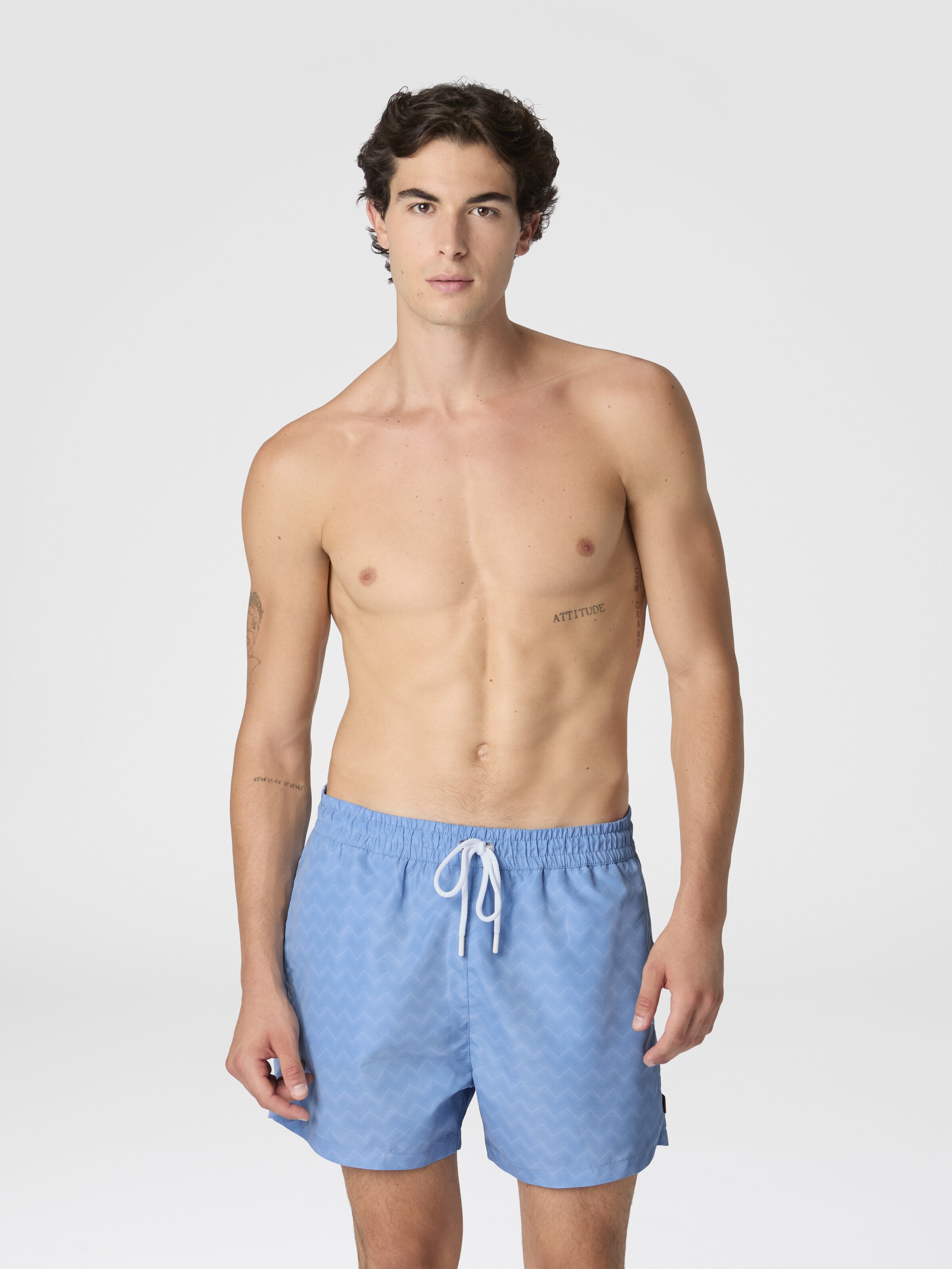 Mid-length swim shorts with tone-on-tone zigzag print, Light Blue - 3
