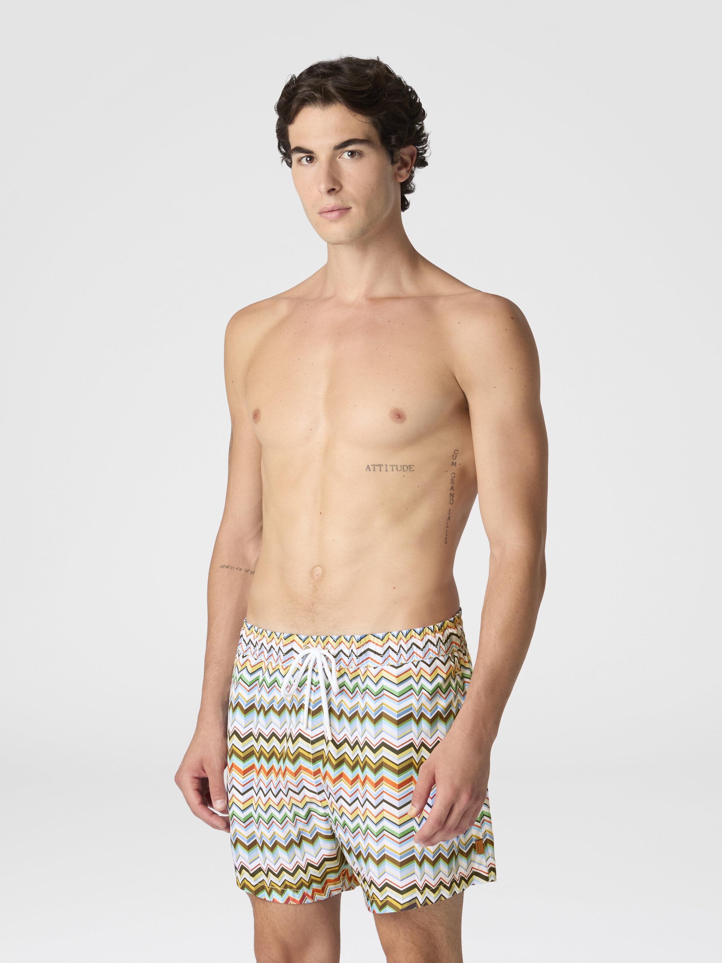 Mid-length swim shorts with irregular zigzag print, Multicoloured  - 1